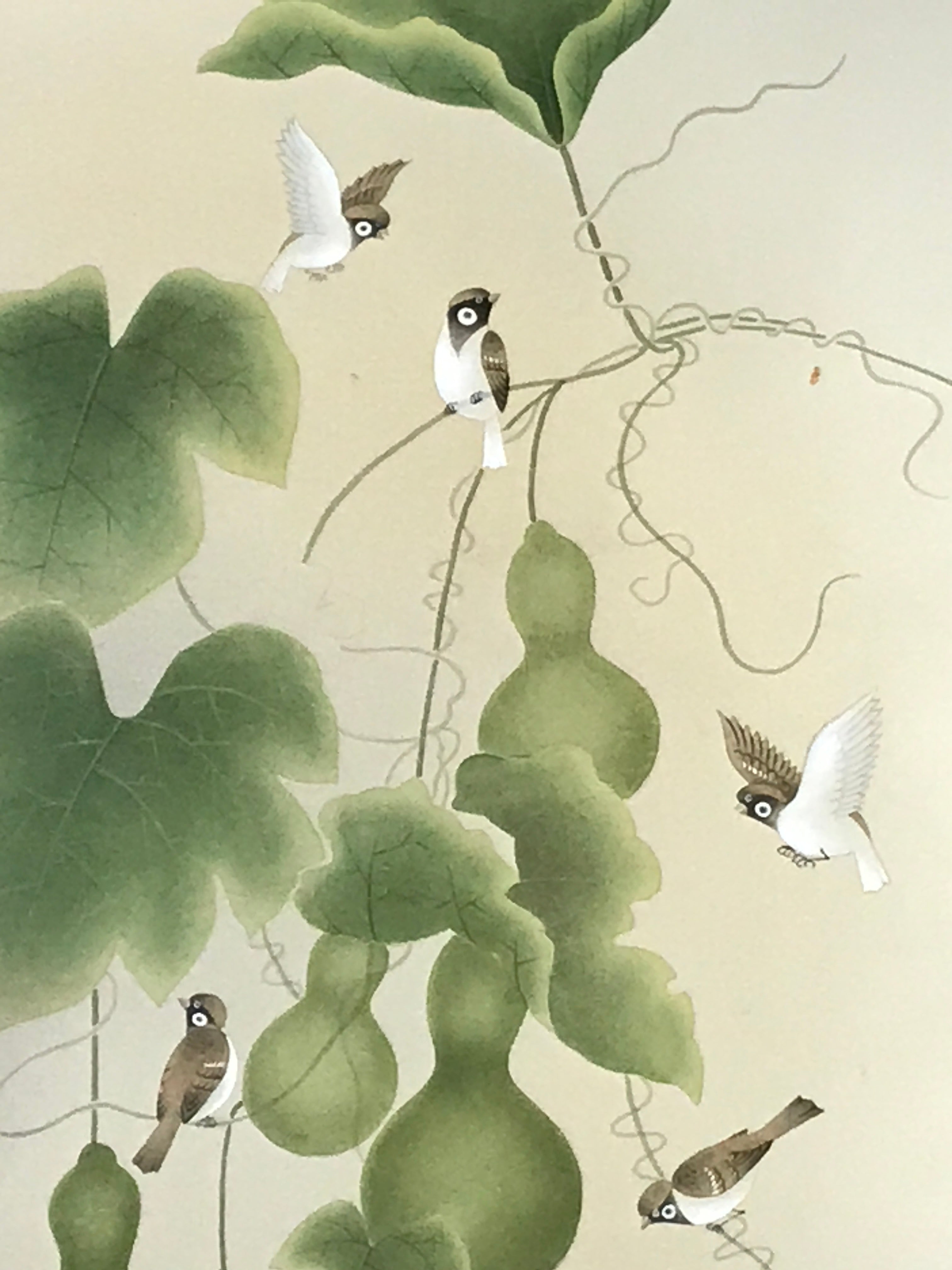 Japanese Hanging Scroll Kakejiku Vtg Sparrow Birds Hyotan Gourds Summer KJ212-AD - Scroll-chidorivintage.com