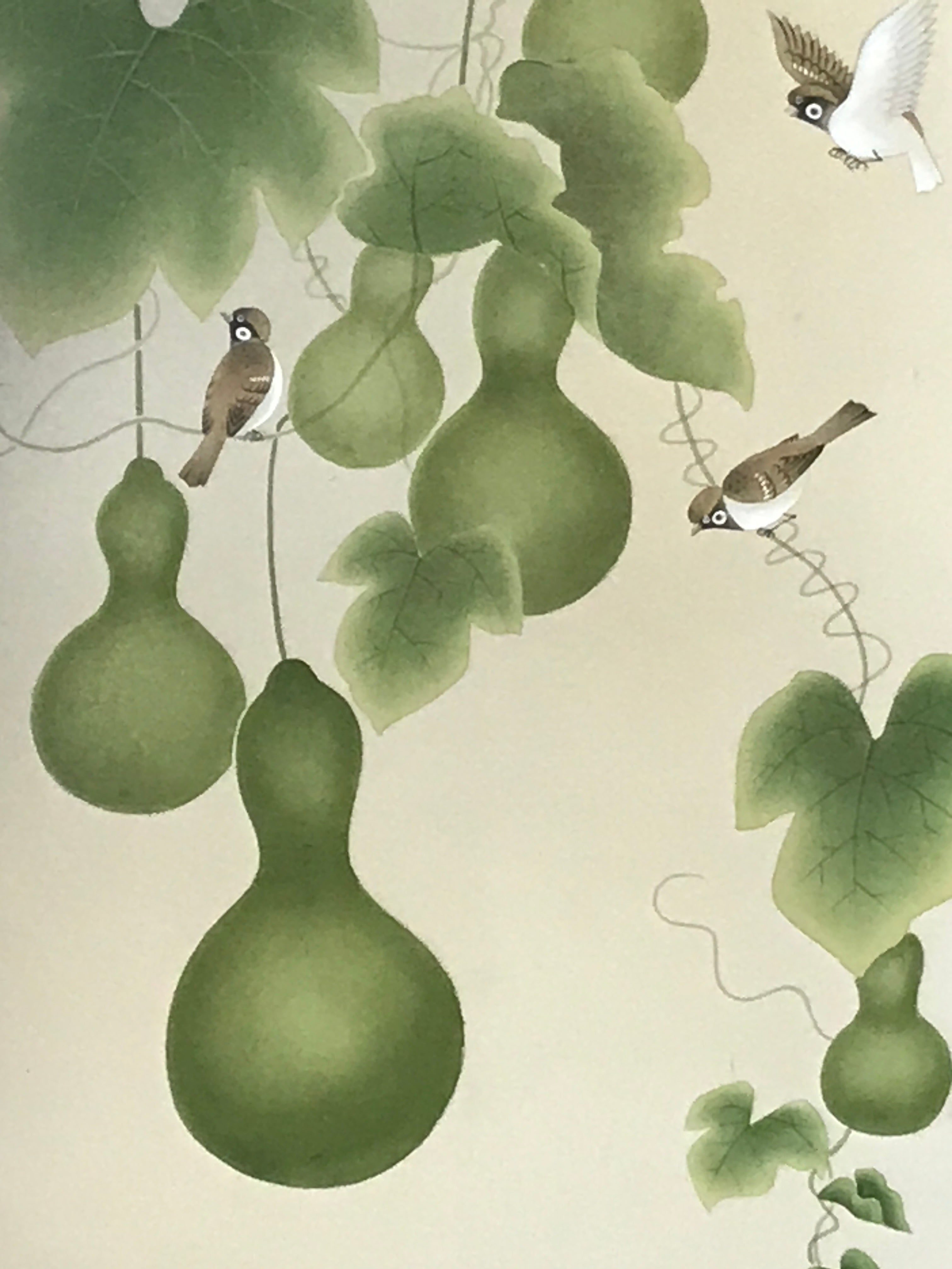 Japanese Hanging Scroll Kakejiku Vtg Sparrow Birds Hyotan Gourds Summer KJ212-AD - Scroll-chidorivintage.com
