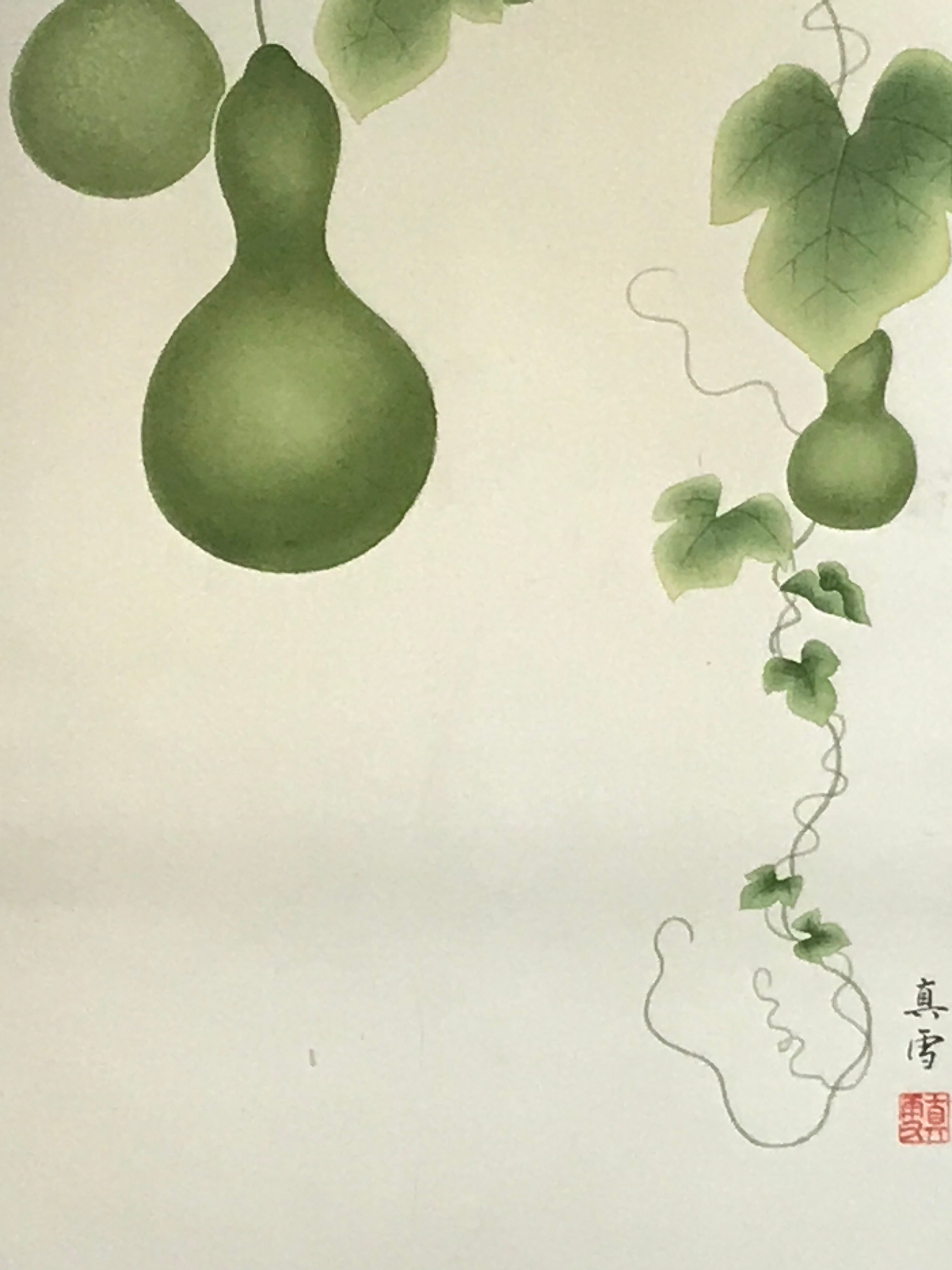 Japanese Hanging Scroll Kakejiku Vtg Sparrow Birds Hyotan Gourds Summer KJ212-AD - Scroll-chidorivintage.com