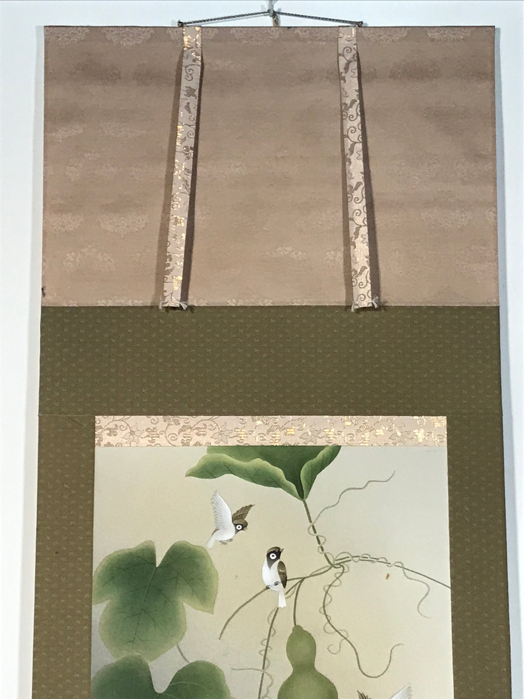 Japanese Hanging Scroll Kakejiku Vtg Sparrow Birds Hyotan Gourds Summer KJ212-AD - Scroll-chidorivintage.com