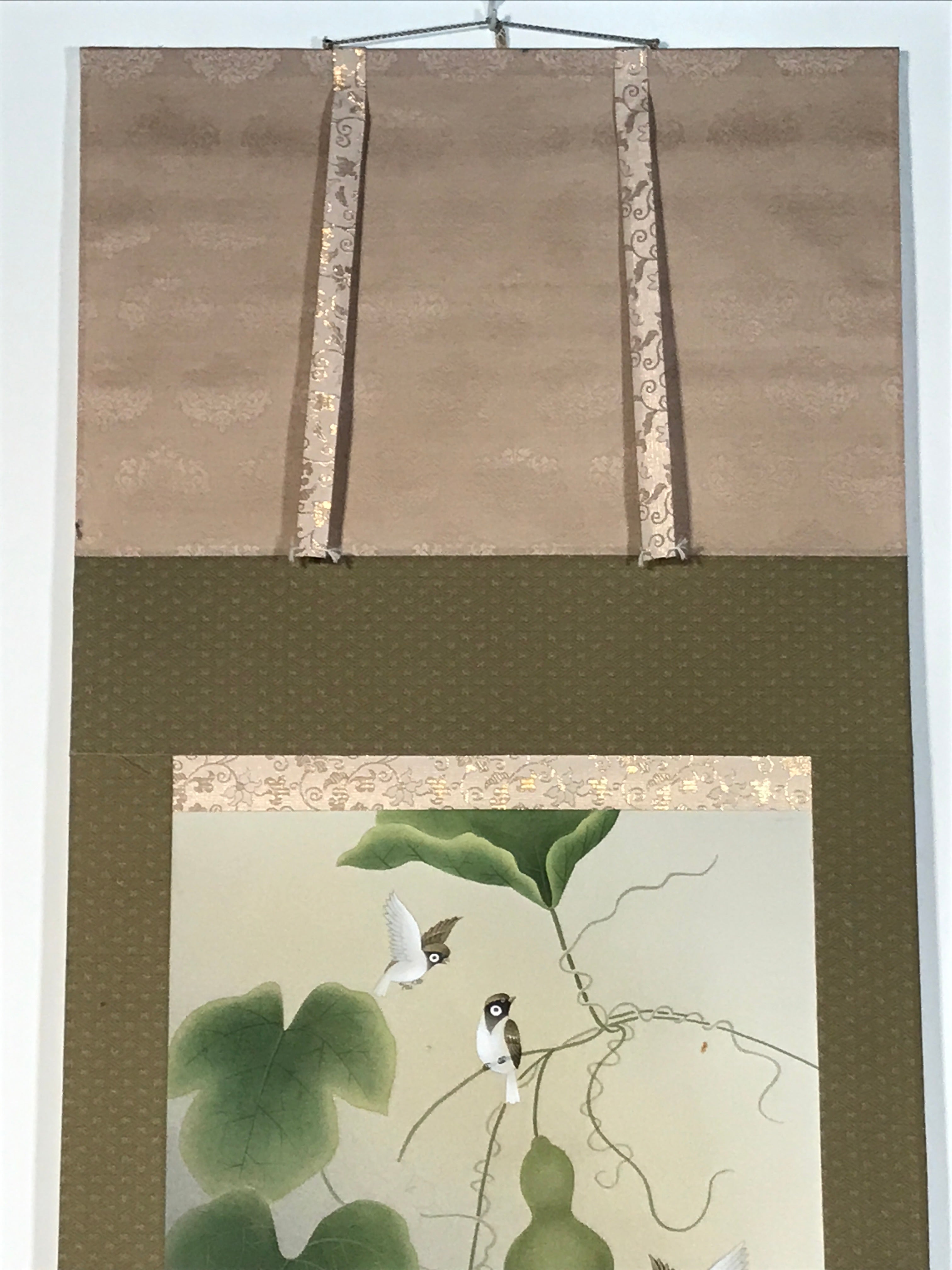 Japanese Hanging Scroll Kakejiku Vtg Sparrow Birds Hyotan Gourds Summer KJ212-AD - Scroll-chidorivintage.com