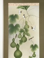 Japanese Hanging Scroll Kakejiku Vtg Sparrow Birds Hyotan Gourds Summer KJ212-AD - Scroll-chidorivintage.com