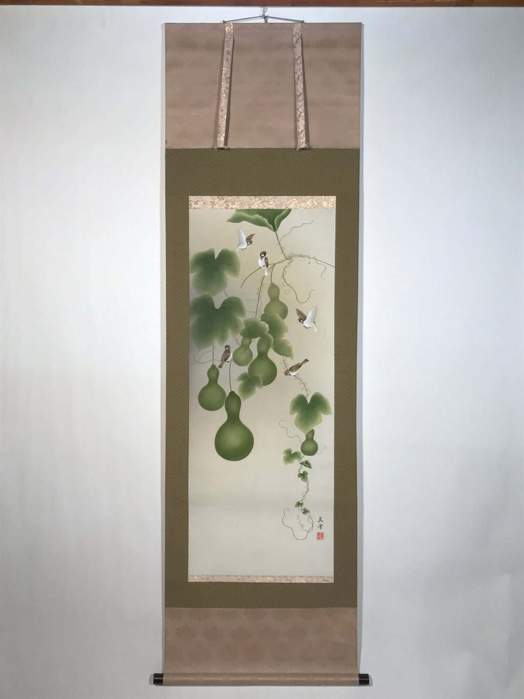 Japanese Hanging Scroll Kakejiku Vtg Sparrow Birds Hyotan Gourds Summer KJ212-AD - Scroll-chidorivintage.com