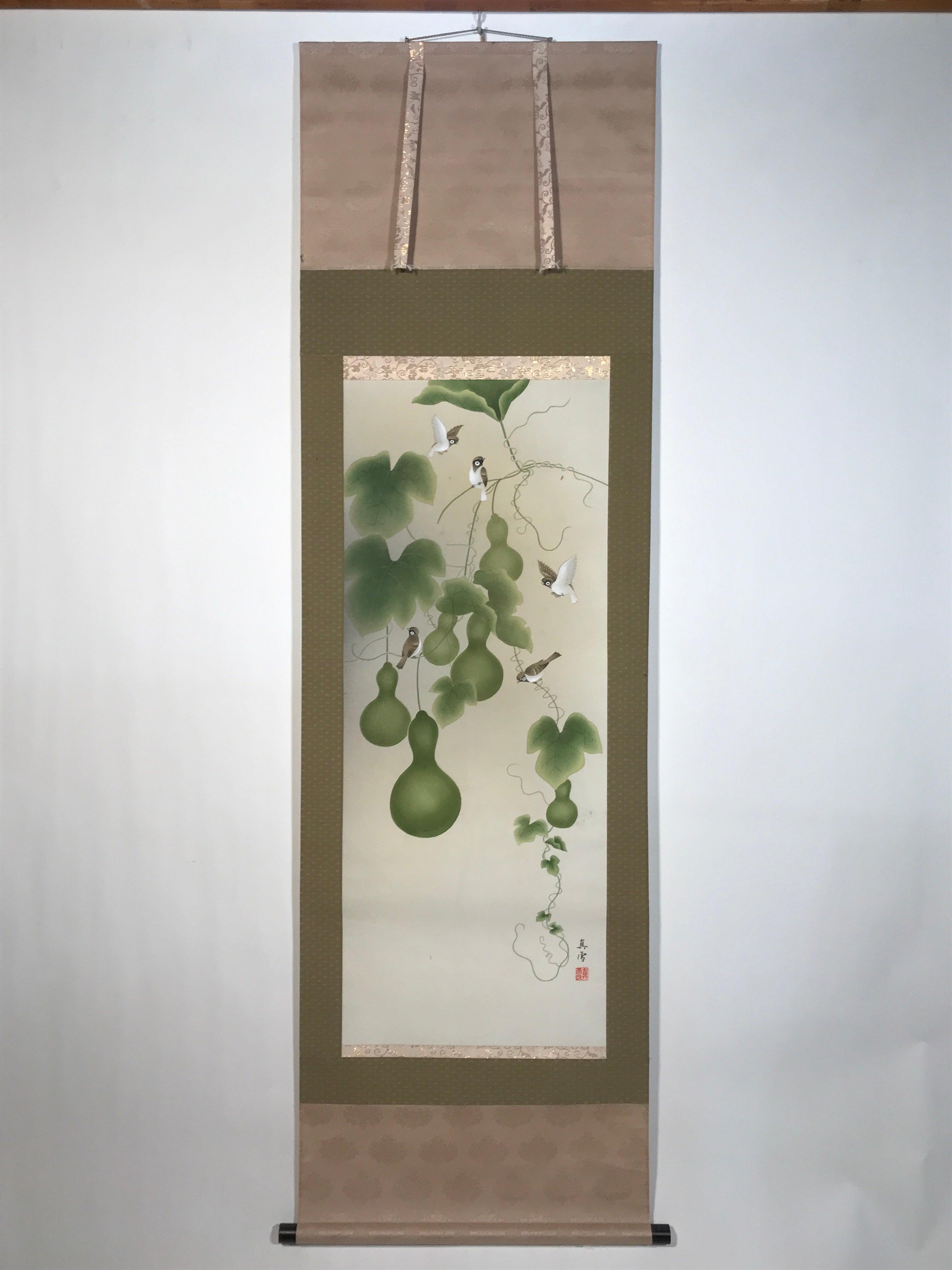 Japanese Hanging Scroll Kakejiku Vtg Sparrow Birds Hyotan Gourds Summer KJ212-AD - Scroll-chidorivintage.com