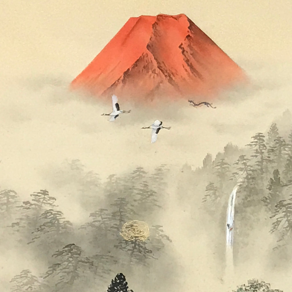 Japanese Hanging Scroll Kakejiku Vtg Red Mt Fuji Akafuji Village Color KJ213-AD - Scroll-chidorivintage.com
