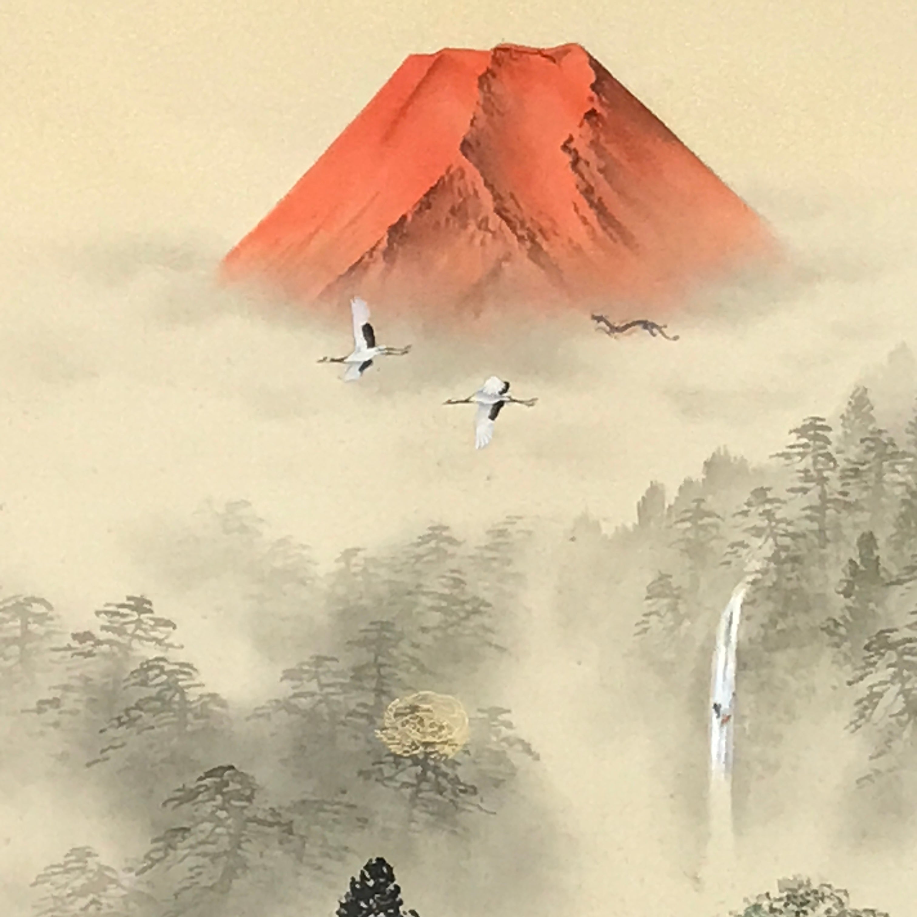 Japanese Hanging Scroll Kakejiku Vtg Red Mt Fuji Akafuji Village Color KJ213-AD - Scroll-chidorivintage.com