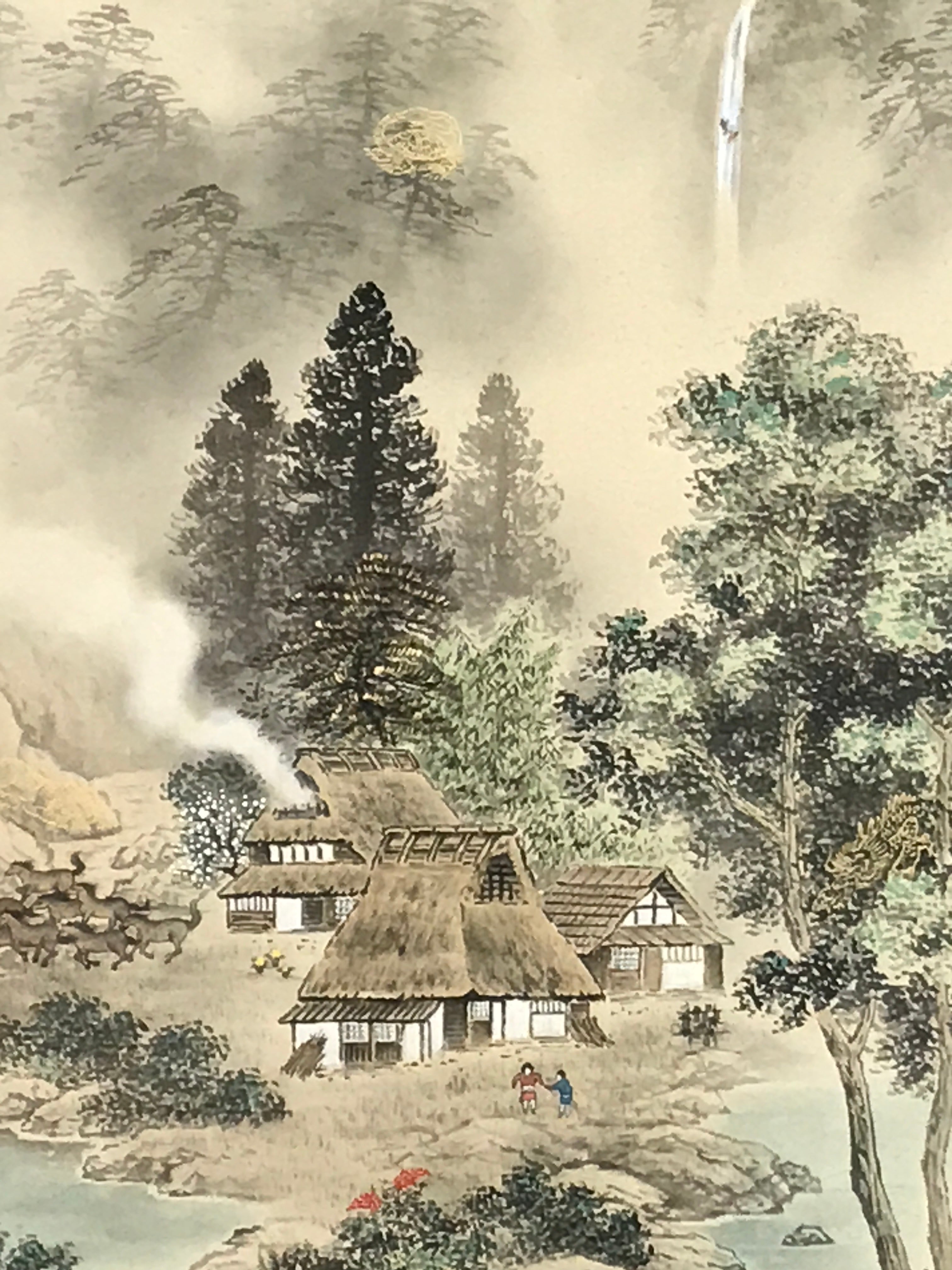 Japanese Hanging Scroll Kakejiku Vtg Red Mt Fuji Akafuji Village Color KJ213-AD - Scroll-chidorivintage.com