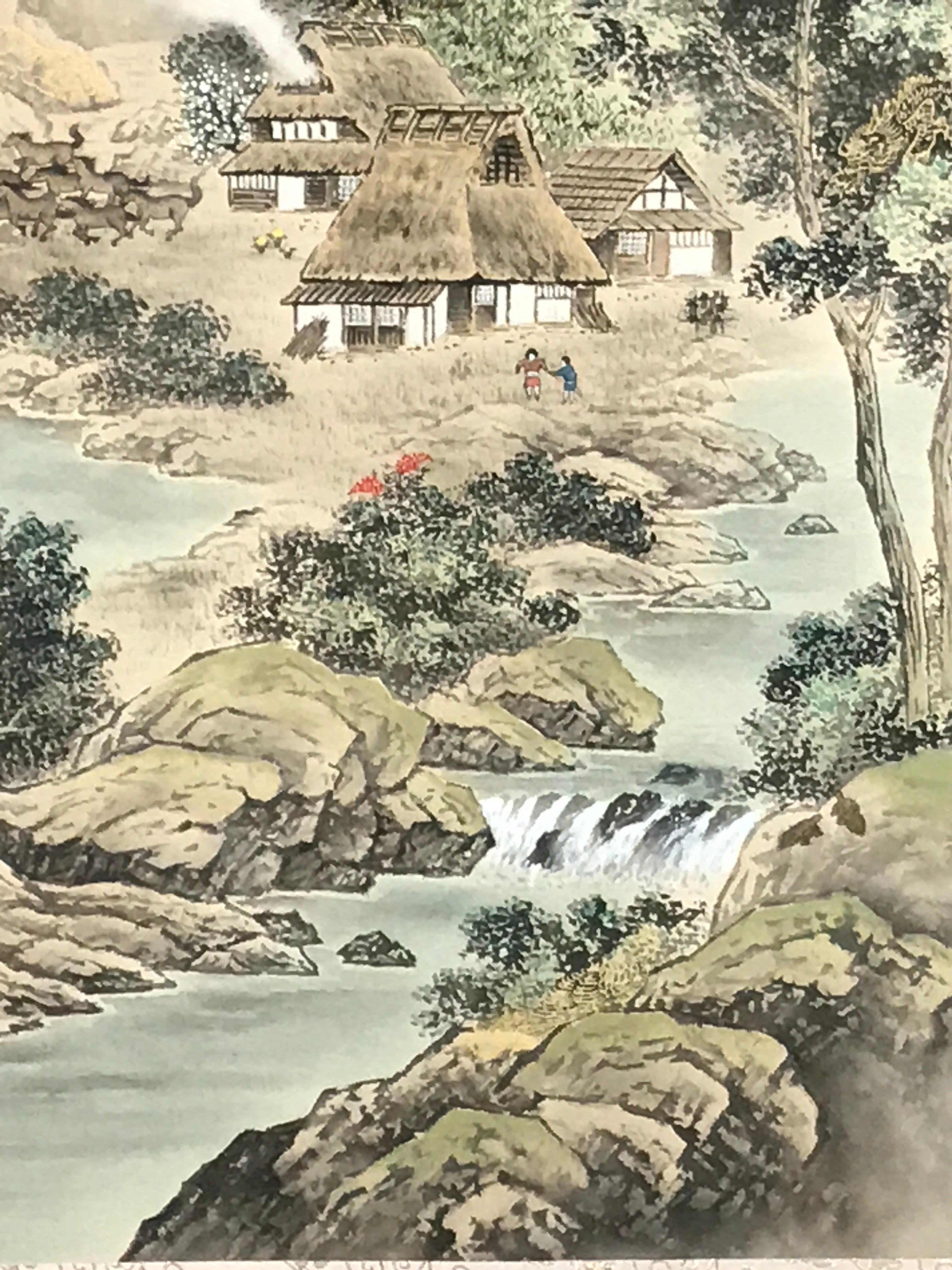 Japanese Hanging Scroll Kakejiku Vtg Red Mt Fuji Akafuji Village Color KJ213-AD - Scroll-chidorivintage.com