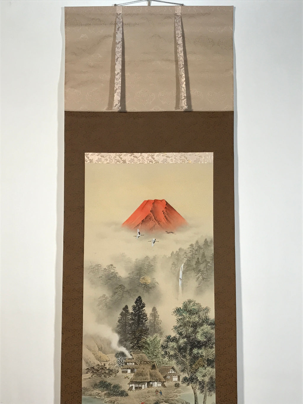Japanese Hanging Scroll Kakejiku Vtg Red Mt Fuji Akafuji Village Color KJ213-AD - Scroll-chidorivintage.com