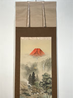 Japanese Hanging Scroll Kakejiku Vtg Red Mt Fuji Akafuji Village Color KJ213-AD - Scroll-chidorivintage.com