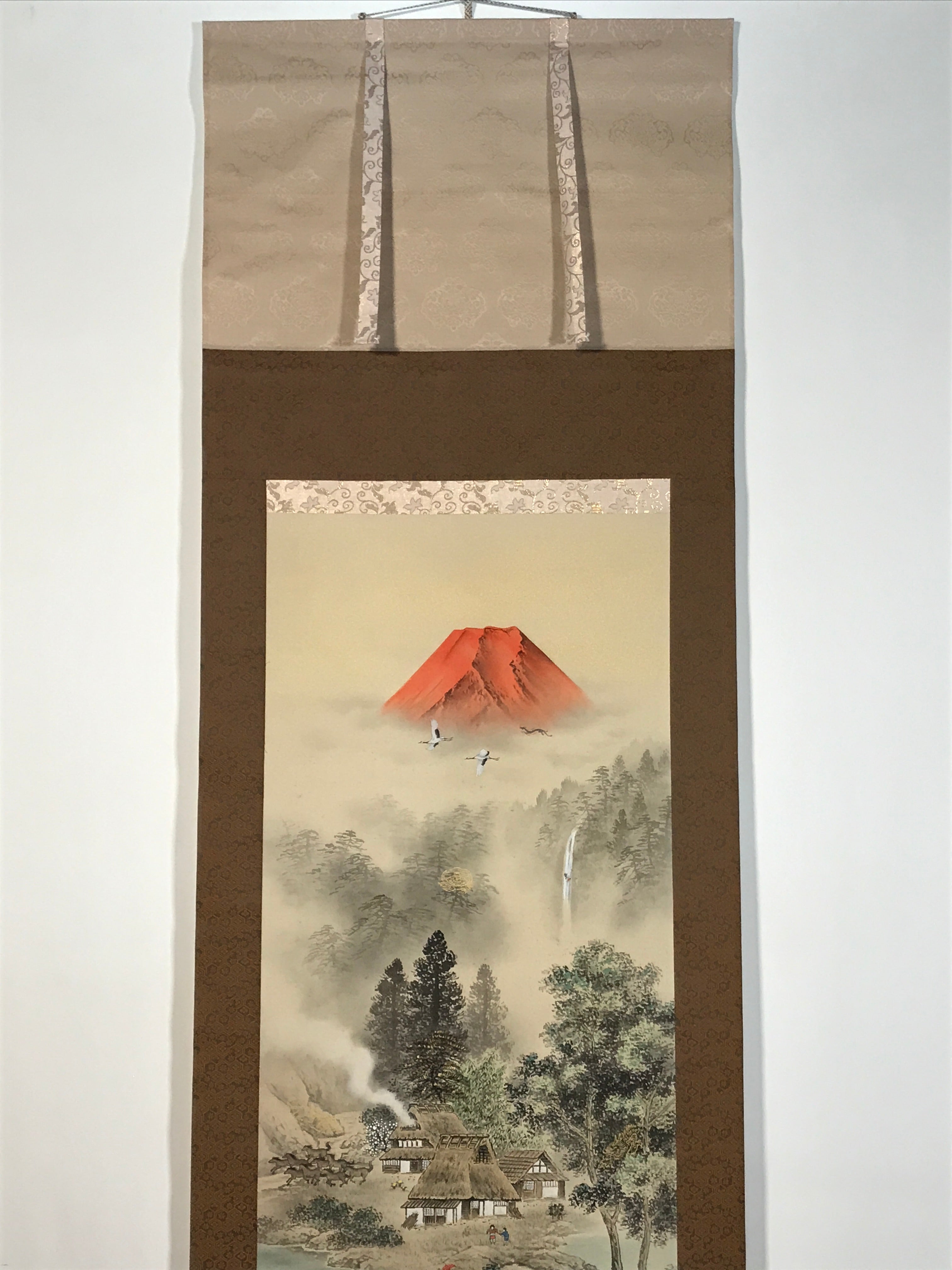 Japanese Hanging Scroll Kakejiku Vtg Red Mt Fuji Akafuji Village Color KJ213-AD - Scroll-chidorivintage.com