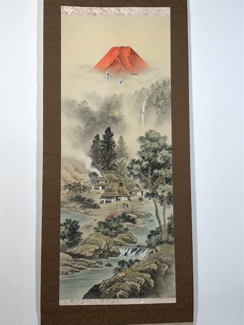 Japanese Hanging Scroll Kakejiku Vtg Red Mt Fuji Akafuji Village Color KJ213-AD - Scroll-chidorivintage.com