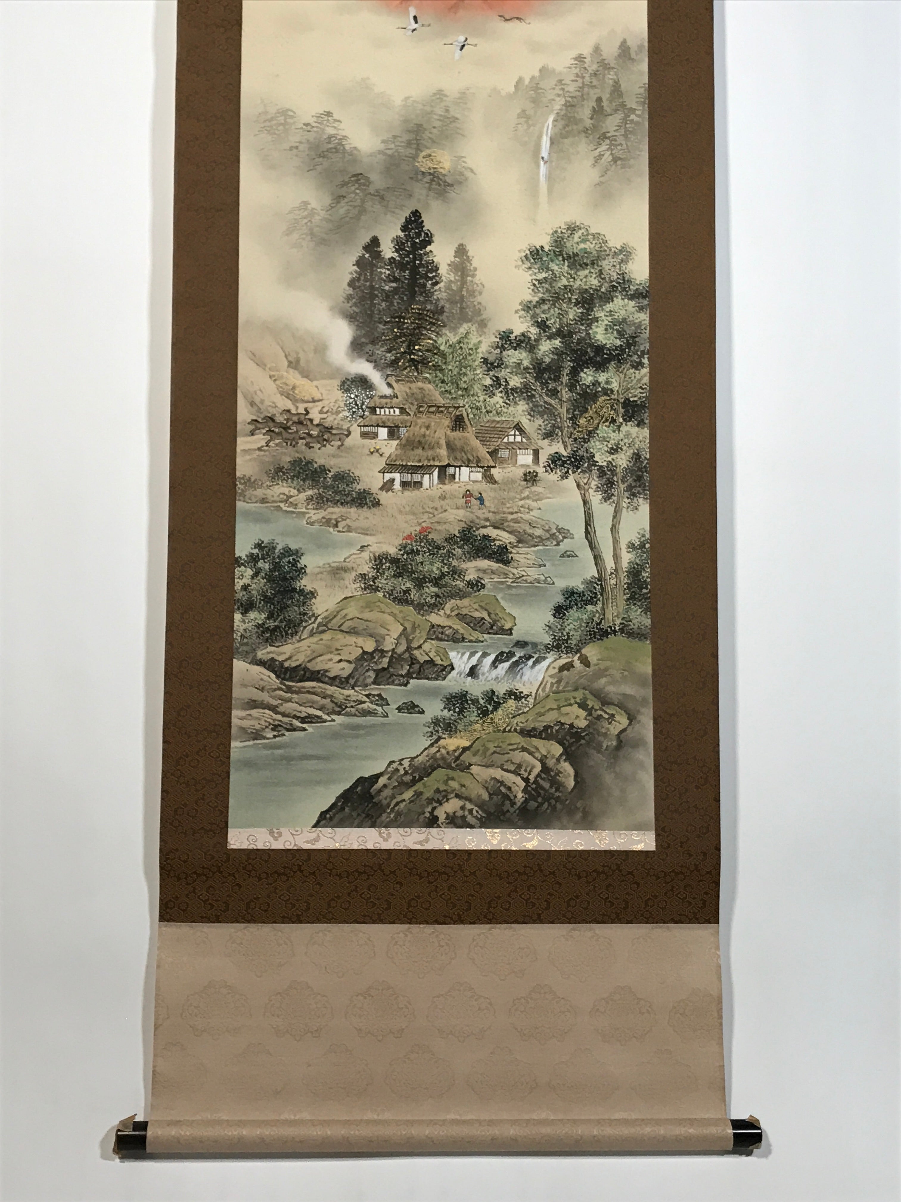 Japanese Hanging Scroll Kakejiku Vtg Red Mt Fuji Akafuji Village Color KJ213-AD - Scroll-chidorivintage.com