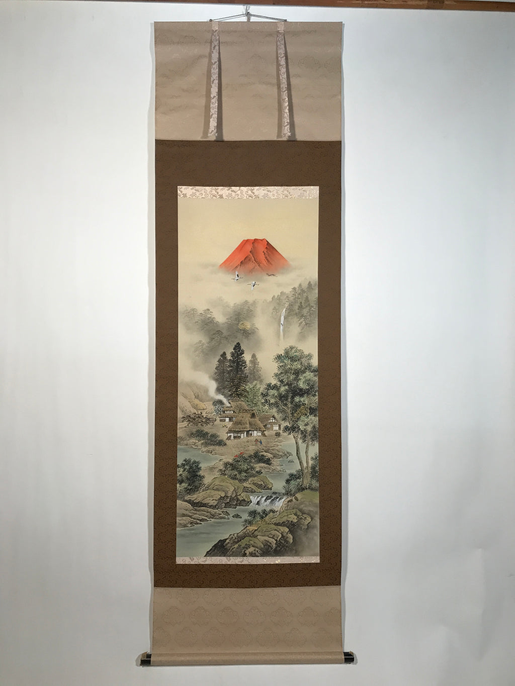 Japanese Hanging Scroll Kakejiku Vtg Red Mt Fuji Akafuji Village Color KJ213-AD - Scroll-chidorivintage.com