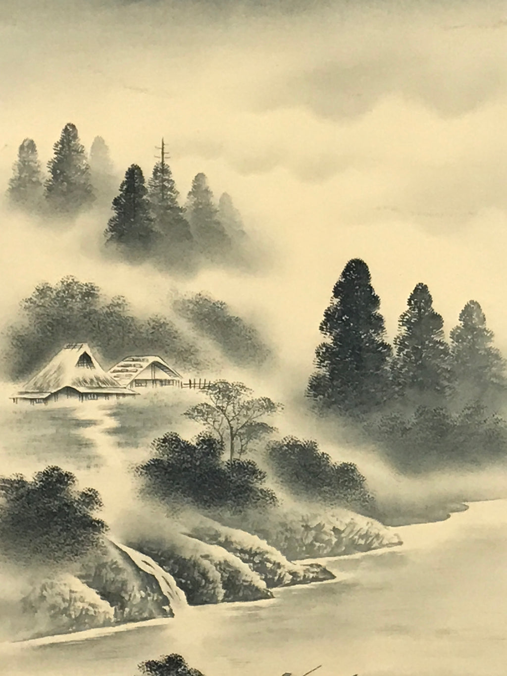 Japanese Hanging Scroll Kakejiku Vtg Mt Fuji River Fisherman House Sansui KJ214-AD - Scroll-chidorivintage.com