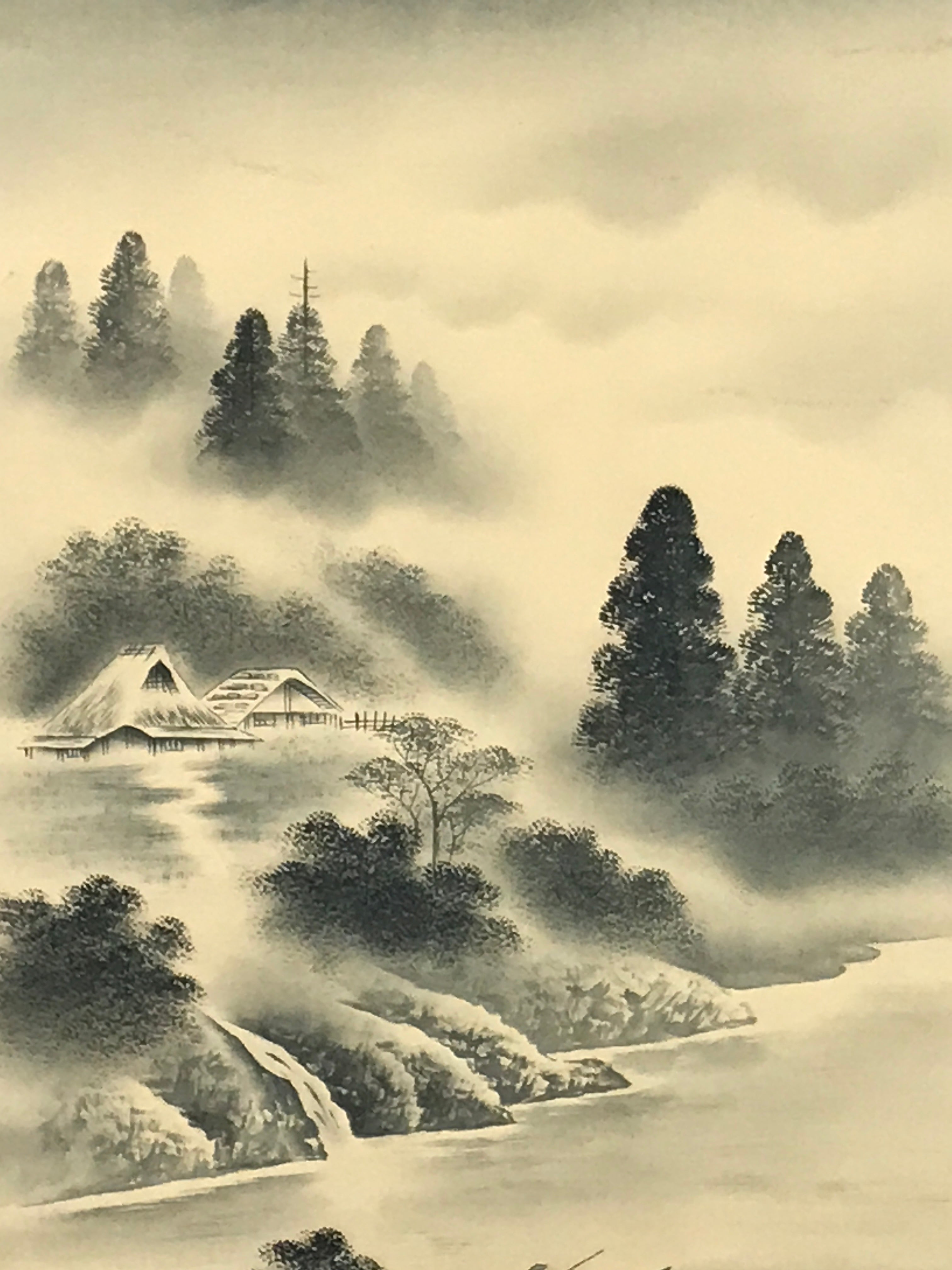 Japanese Hanging Scroll Kakejiku Vtg Mt Fuji River Fisherman House Sansui KJ214-AD - Scroll-chidorivintage.com