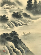 Japanese Hanging Scroll Kakejiku Vtg Mt Fuji River Fisherman House Sansui KJ214-AD - Scroll-chidorivintage.com