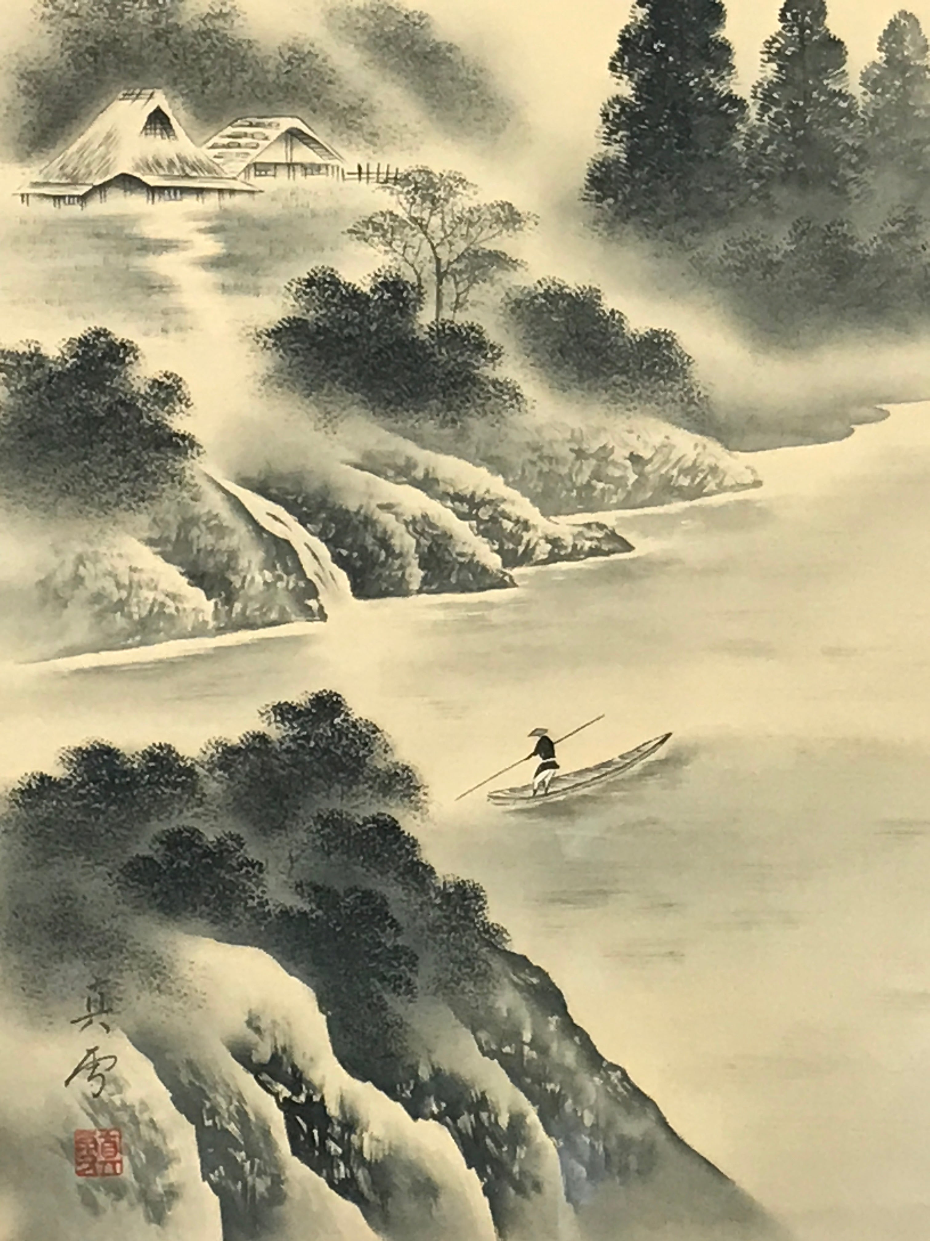 Japanese Hanging Scroll Kakejiku Vtg Mt Fuji River Fisherman House Sansui KJ214-AD - Scroll-chidorivintage.com