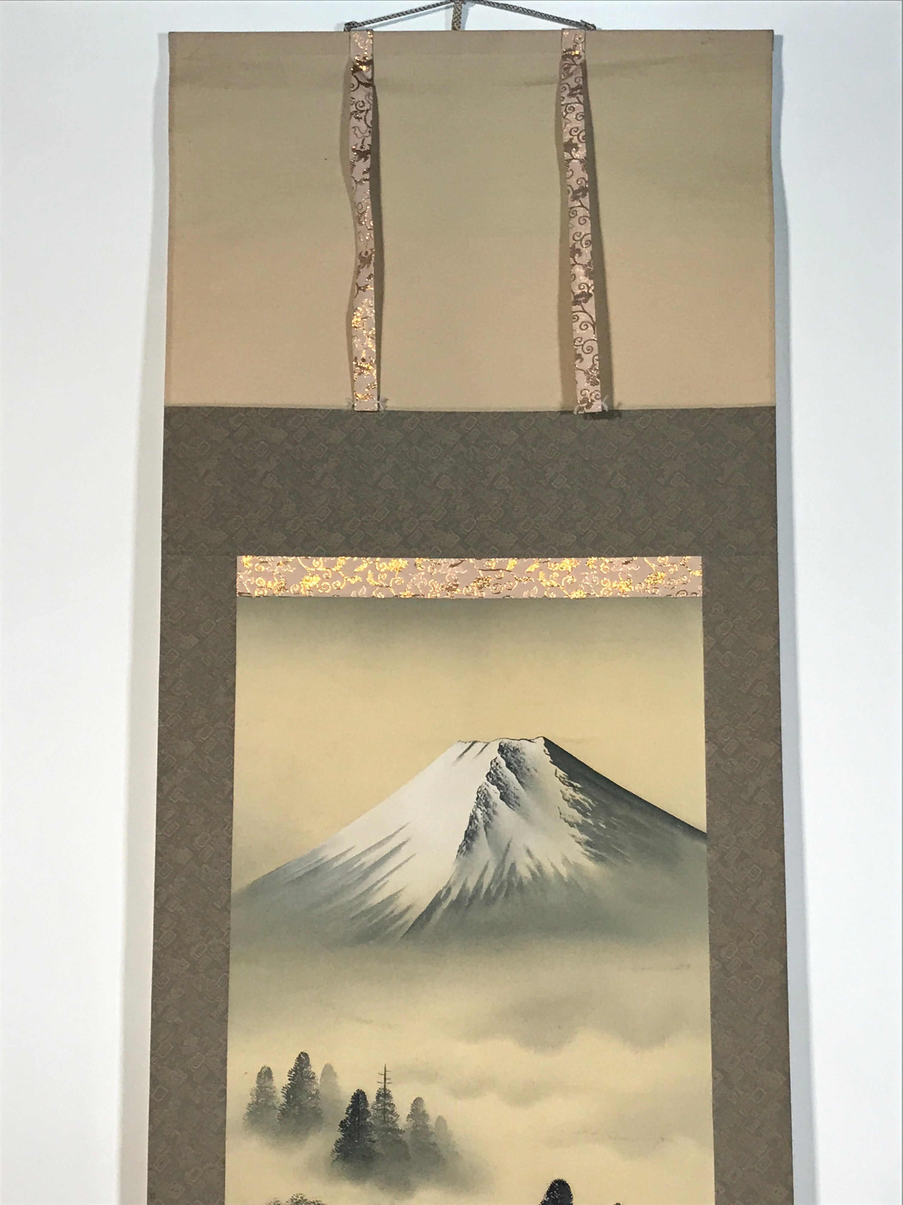 Japanese Hanging Scroll Kakejiku Vtg Mt Fuji River Fisherman House Sansui KJ214-AD - Scroll-chidorivintage.com