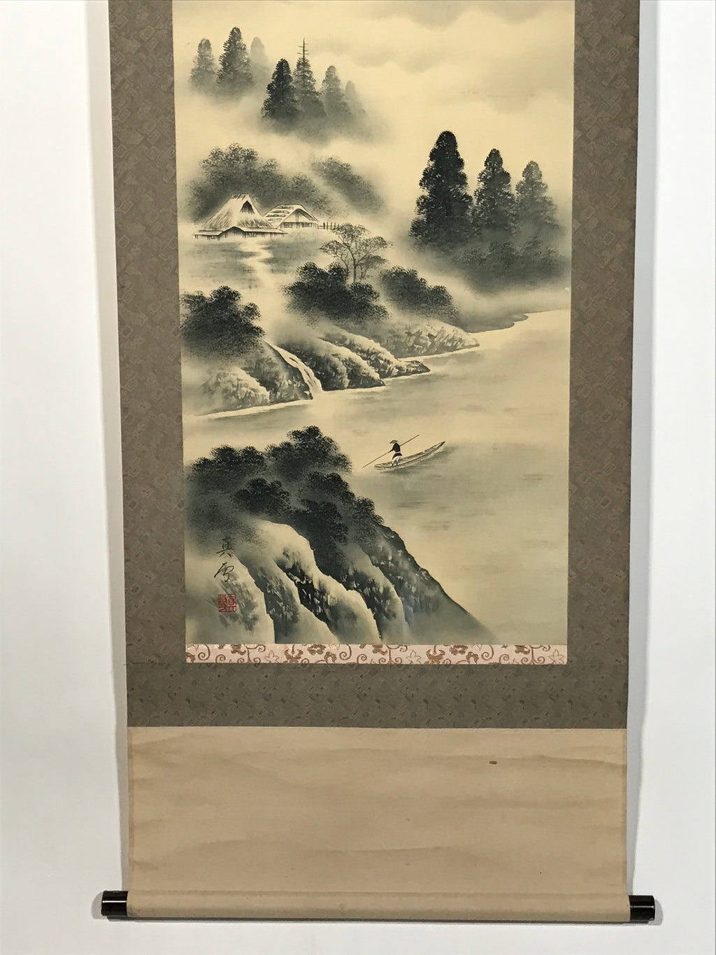 Japanese Hanging Scroll Kakejiku Vtg Mt Fuji River Fisherman House Sansui KJ214-AD - Scroll-chidorivintage.com