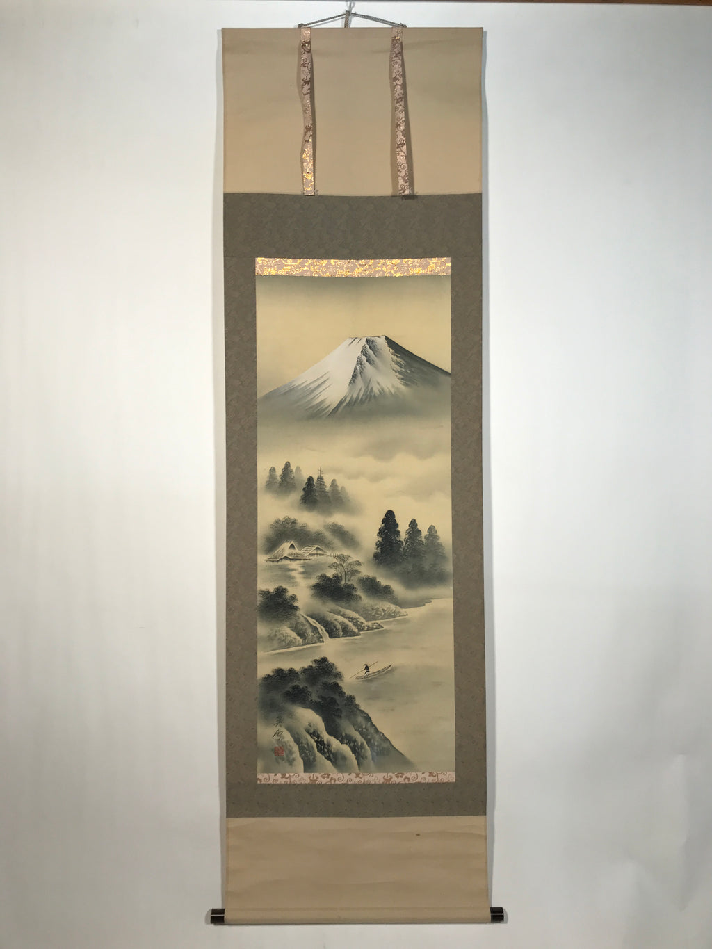 Japanese Hanging Scroll Kakejiku Vtg Mt Fuji River Fisherman House Sansui KJ214-AD - Scroll-chidorivintage.com