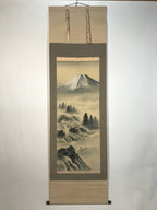 Japanese Hanging Scroll Kakejiku Vtg Mt Fuji River Fisherman House Sansui KJ214-AD - Scroll-chidorivintage.com