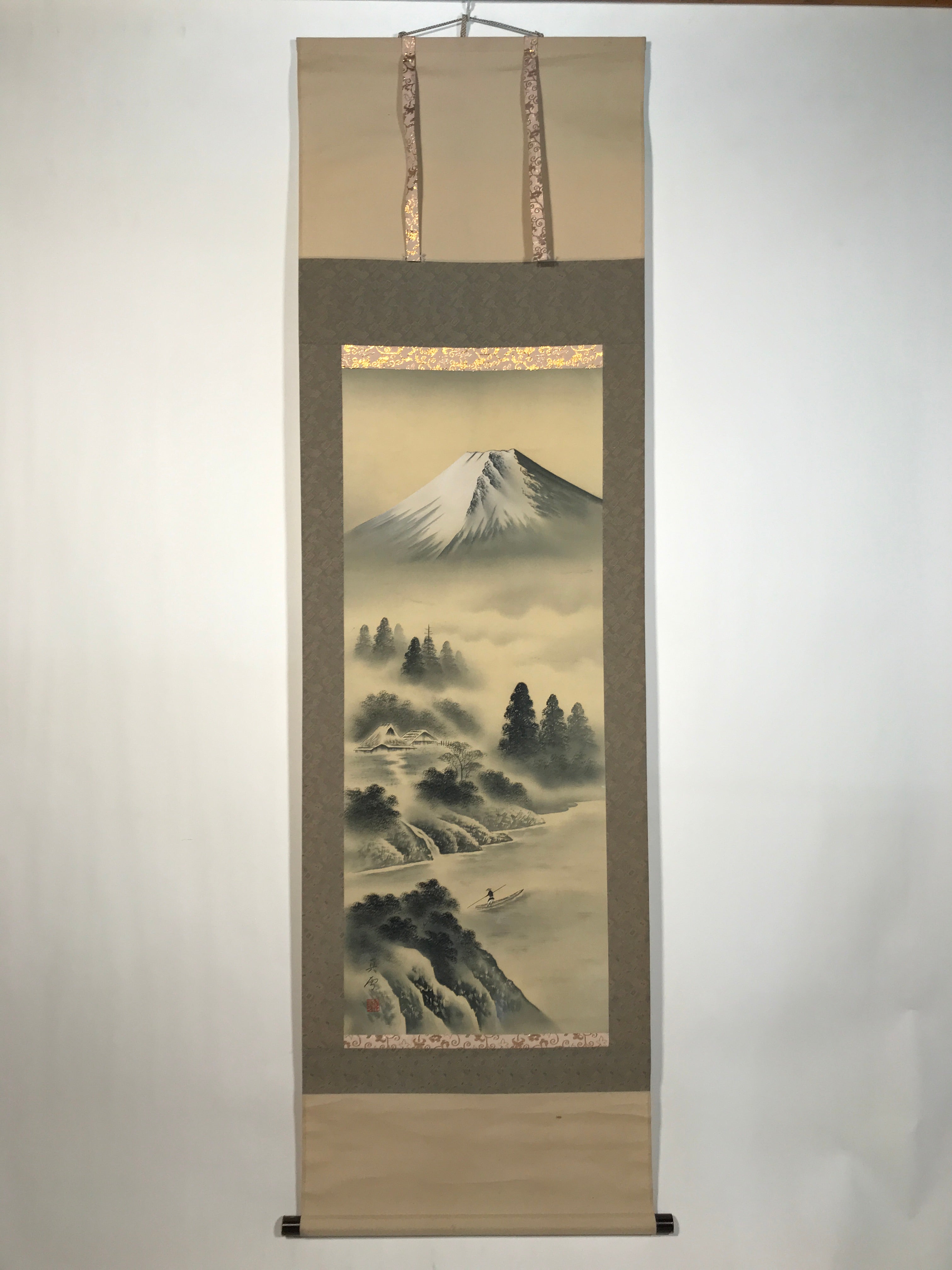 Japanese Hanging Scroll Kakejiku Vtg Mt Fuji River Fisherman House Sansui KJ214-AD - Scroll-chidorivintage.com