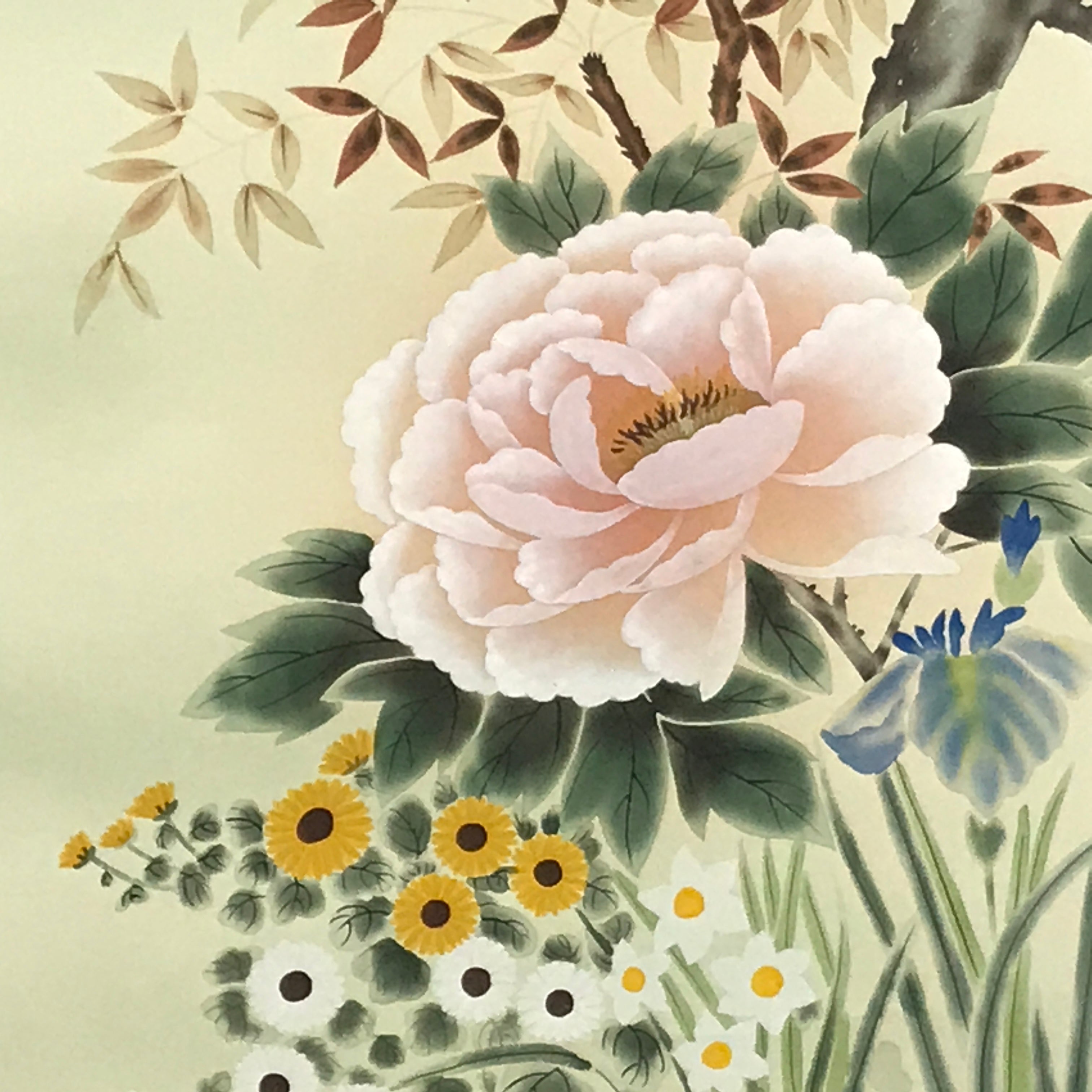 Japanese Hanging Scroll Kakejiku Vtg 4 Seasons Flowers Peony Iris Color KJ215-AD - Scroll-chidorivintage.com