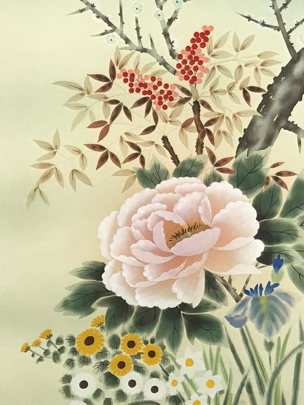 Japanese Hanging Scroll Kakejiku Vtg 4 Seasons Flowers Peony Iris Color KJ215-AD - Scroll-chidorivintage.com