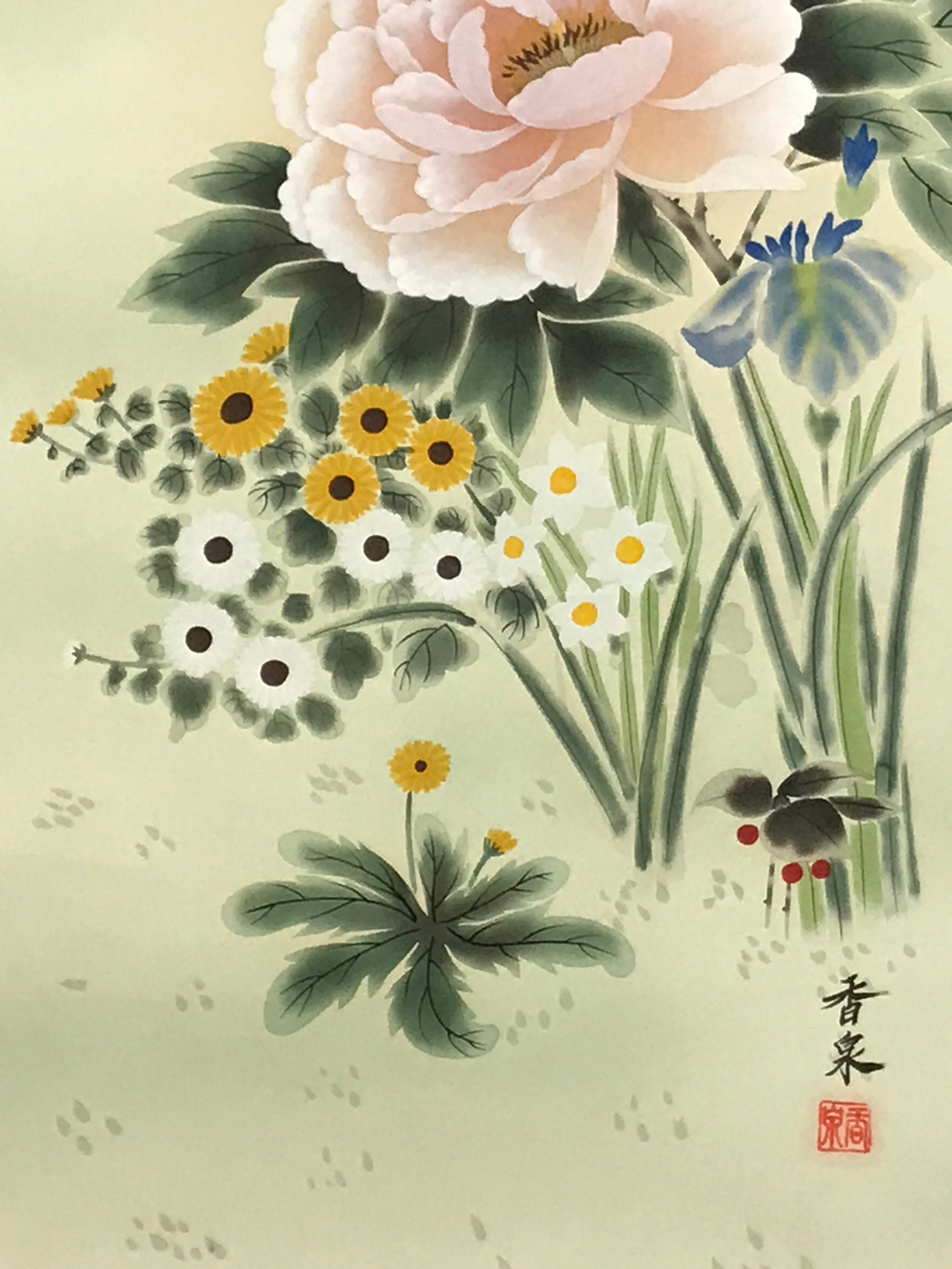 Japanese Hanging Scroll Kakejiku Vtg 4 Seasons Flowers Peony Iris Color KJ215-AD - Scroll-chidorivintage.com