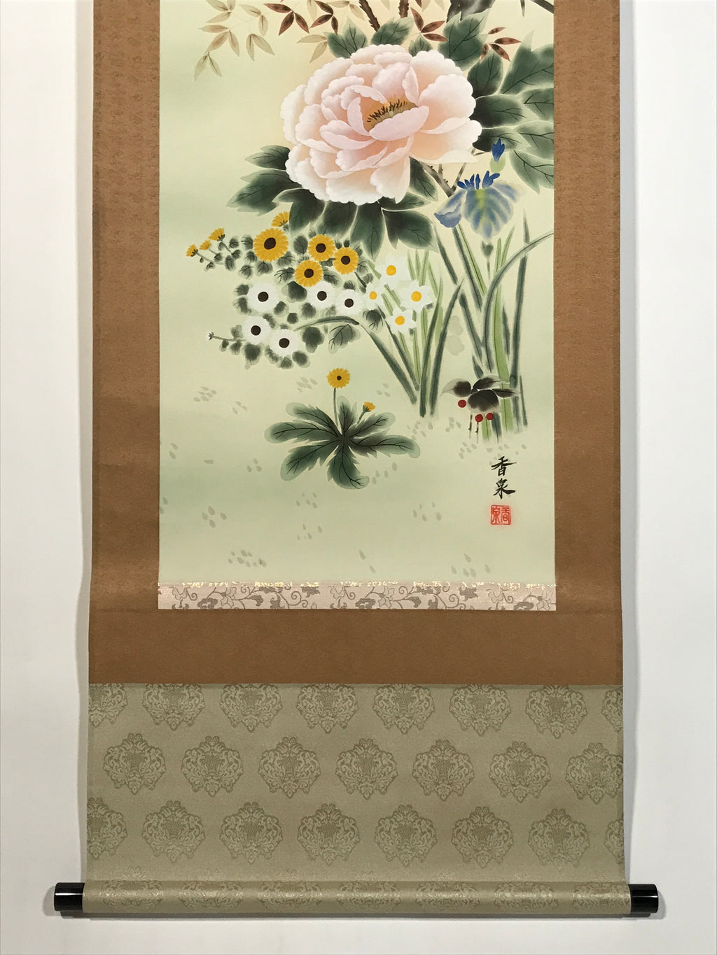 Japanese Hanging Scroll Kakejiku Vtg 4 Seasons Flowers Peony Iris Color KJ215-AD - Scroll-chidorivintage.com