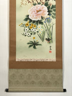 Japanese Hanging Scroll Kakejiku Vtg 4 Seasons Flowers Peony Iris Color KJ215-AD - Scroll-chidorivintage.com