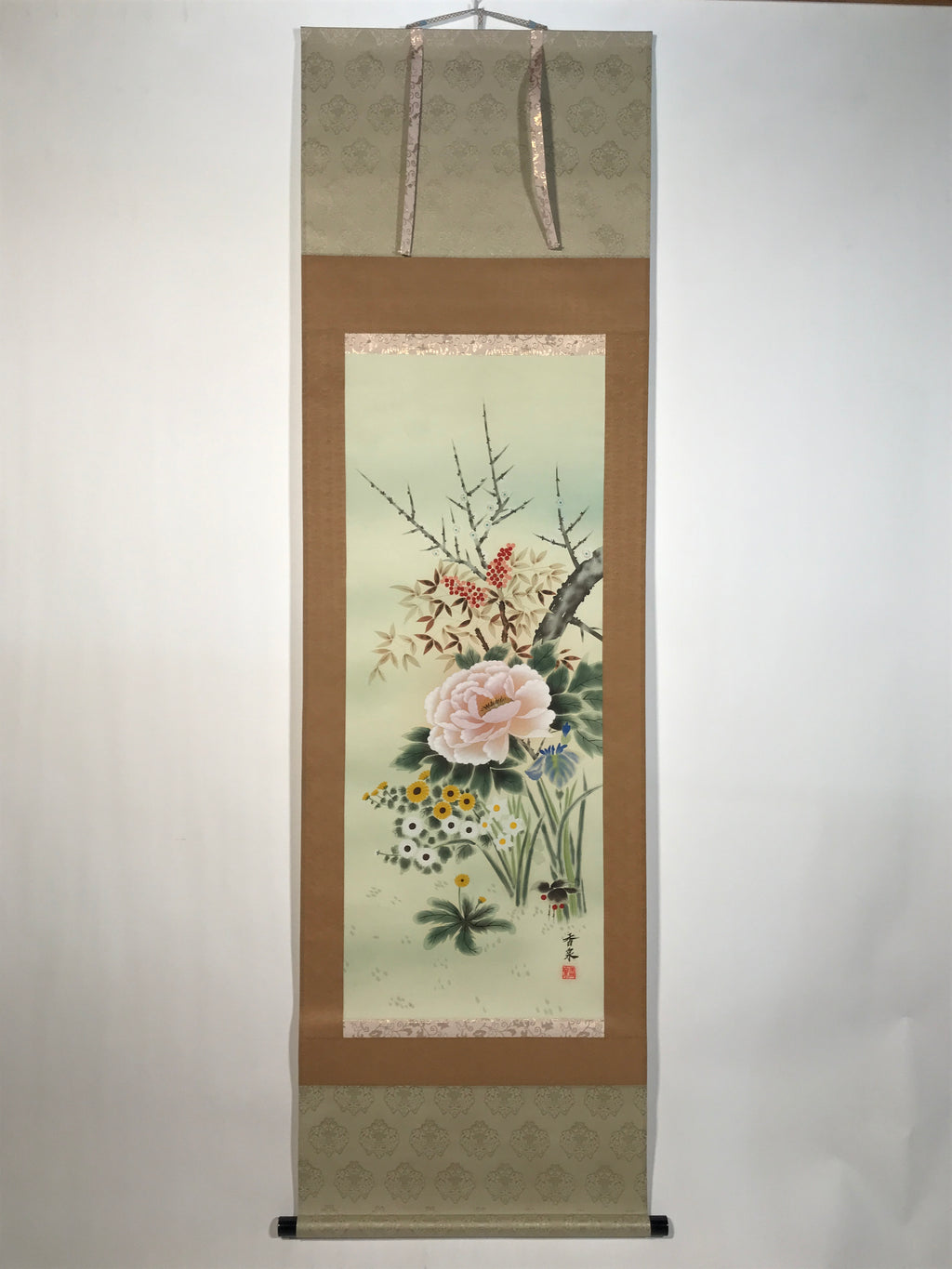 Japanese Hanging Scroll Kakejiku Vtg 4 Seasons Flowers Peony Iris Color KJ215-AD - Scroll-chidorivintage.com