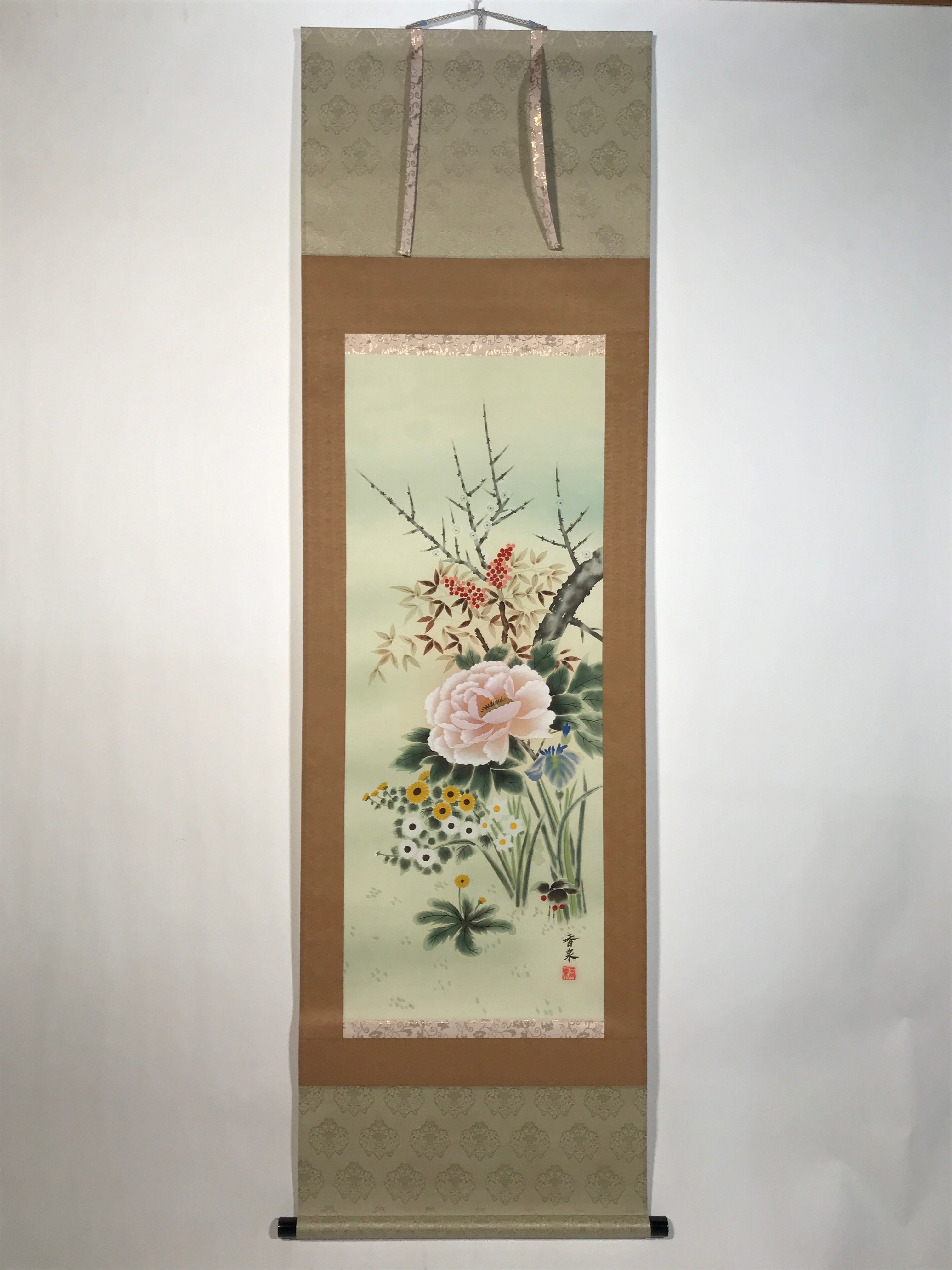 Japanese Hanging Scroll Kakejiku Vtg 4 Seasons Flowers Peony Iris Color KJ215-AD - Scroll-chidorivintage.com