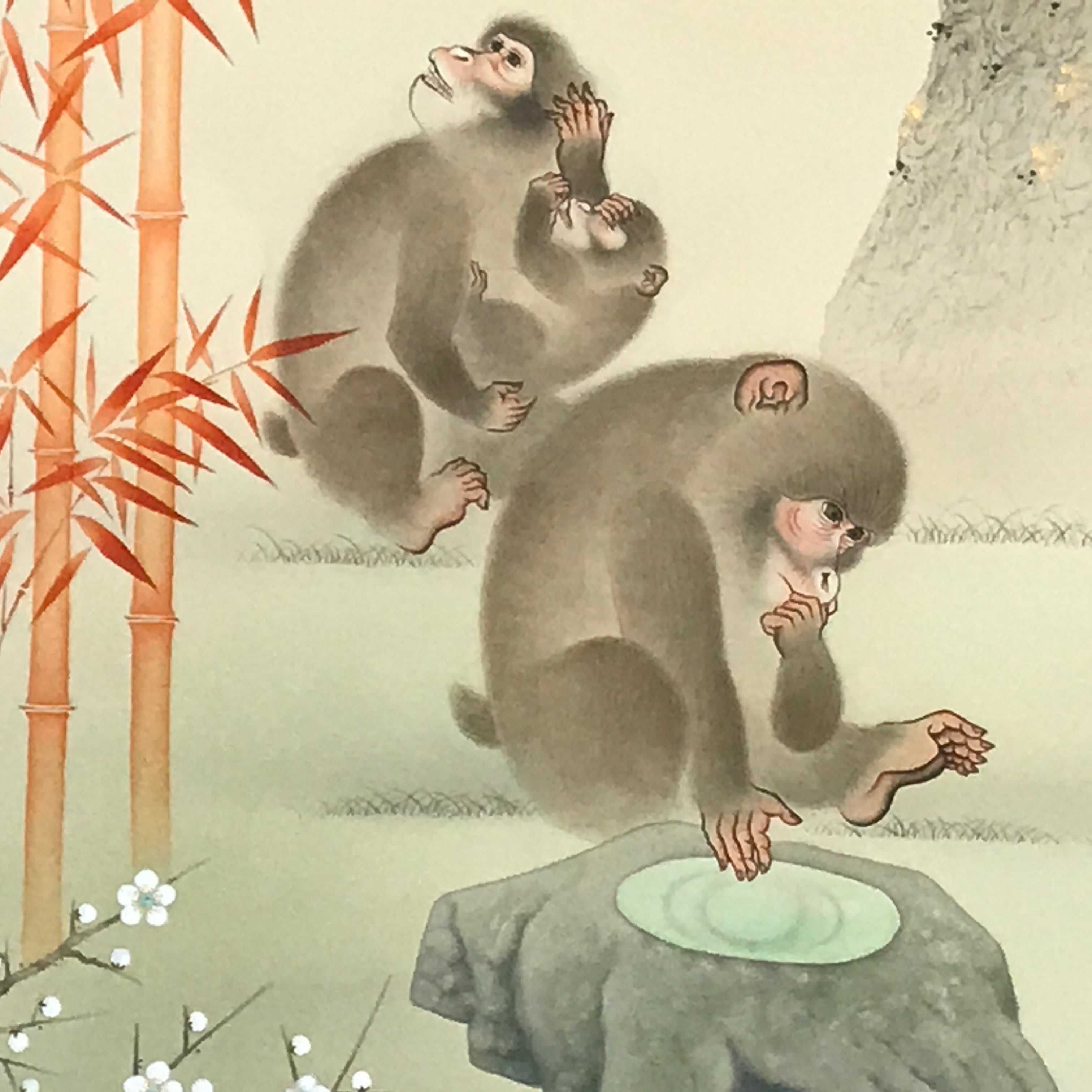 Japanese Hanging Scroll Kakejiku Vtg 3 Monkeys Bamboo Pine Plum Color KJ217-AD - Scroll-chidorivintage.com