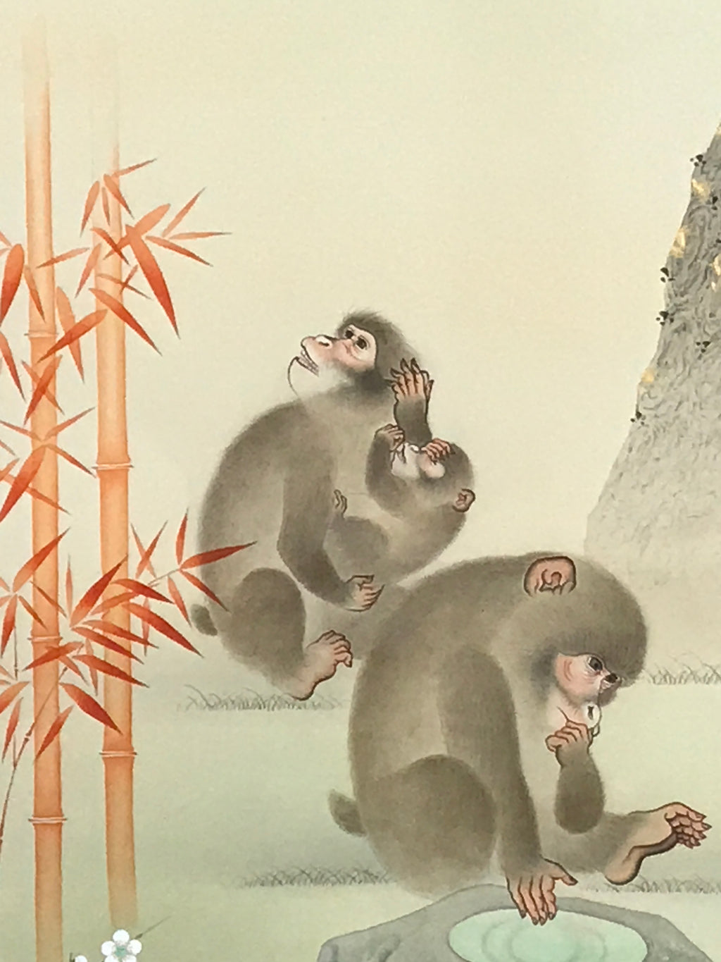 Japanese Hanging Scroll Kakejiku Vtg 3 Monkeys Bamboo Pine Plum Color KJ217-AD - Scroll-chidorivintage.com