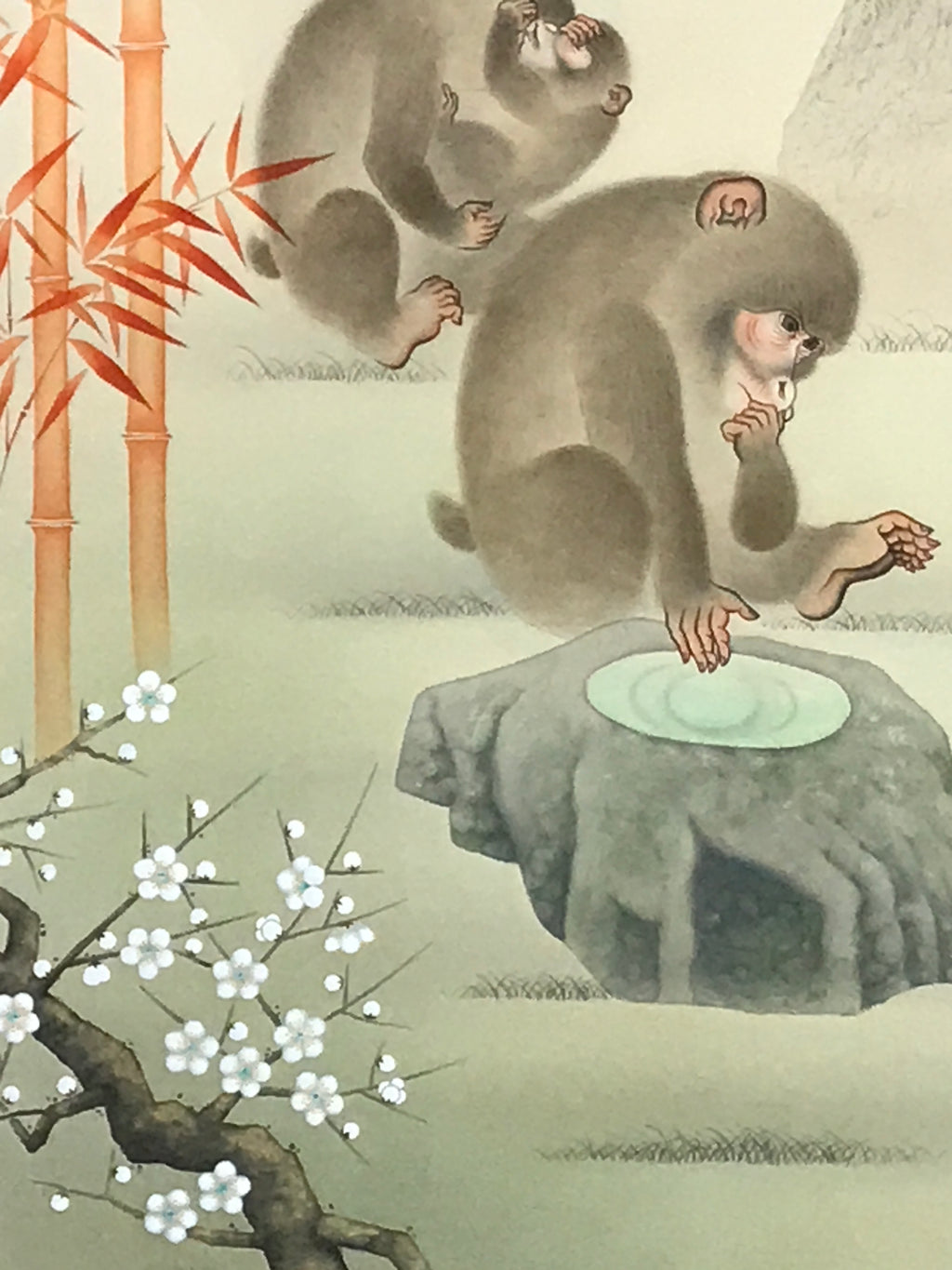 Japanese Hanging Scroll Kakejiku Vtg 3 Monkeys Bamboo Pine Plum Color KJ217-AD - Scroll-chidorivintage.com