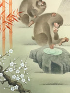 Japanese Hanging Scroll Kakejiku Vtg 3 Monkeys Bamboo Pine Plum Color KJ217-AD - Scroll-chidorivintage.com