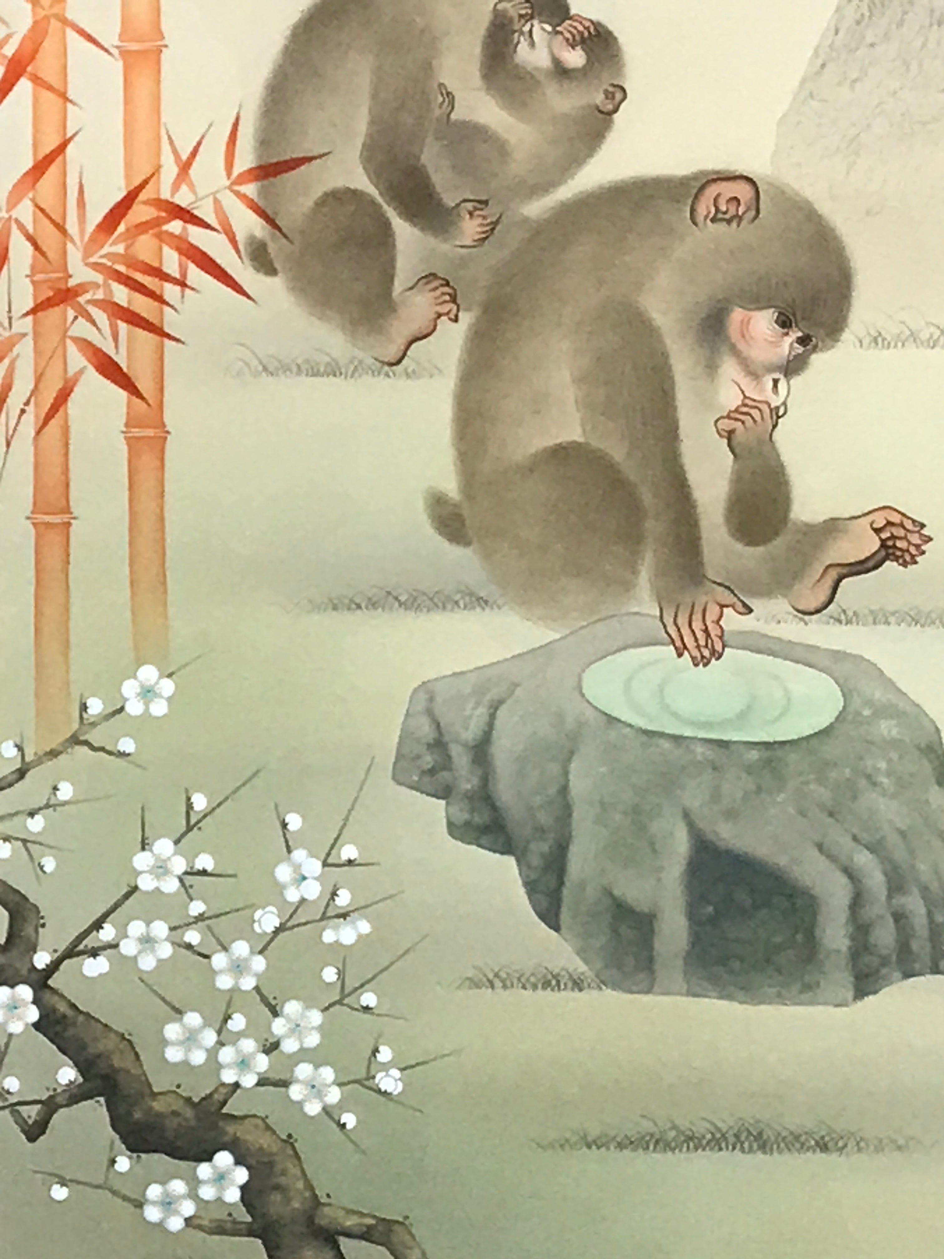Japanese Hanging Scroll Kakejiku Vtg 3 Monkeys Bamboo Pine Plum Color KJ217-AD - Scroll-chidorivintage.com