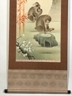 Japanese Hanging Scroll Kakejiku Vtg 3 Monkeys Bamboo Pine Plum Color KJ217-AD - Scroll-chidorivintage.com