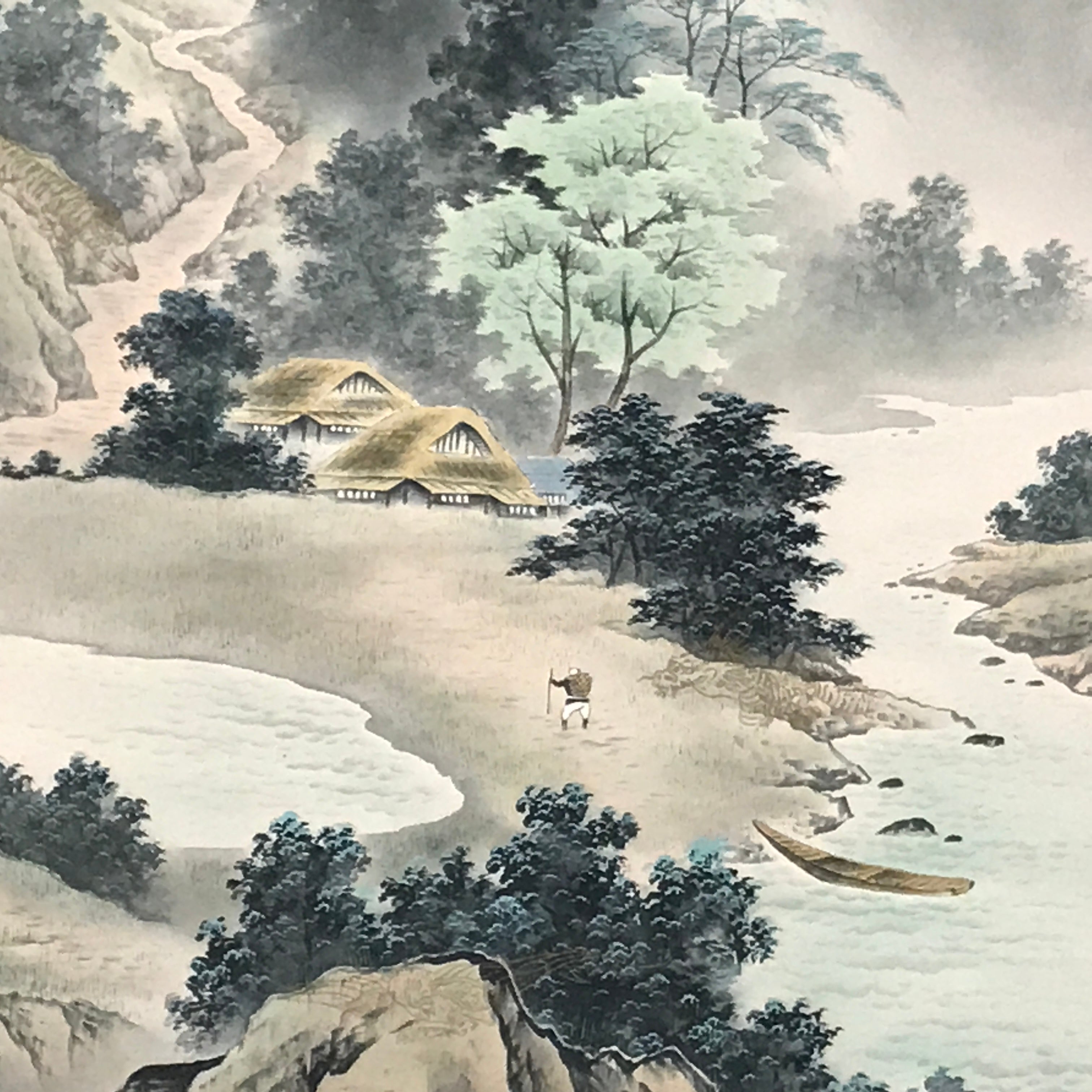Japanese Hanging Scroll Kakejiku Vtg Sansui Landscape Trees Mountain River KJ218-AD - Scroll-chidorivintage.com
