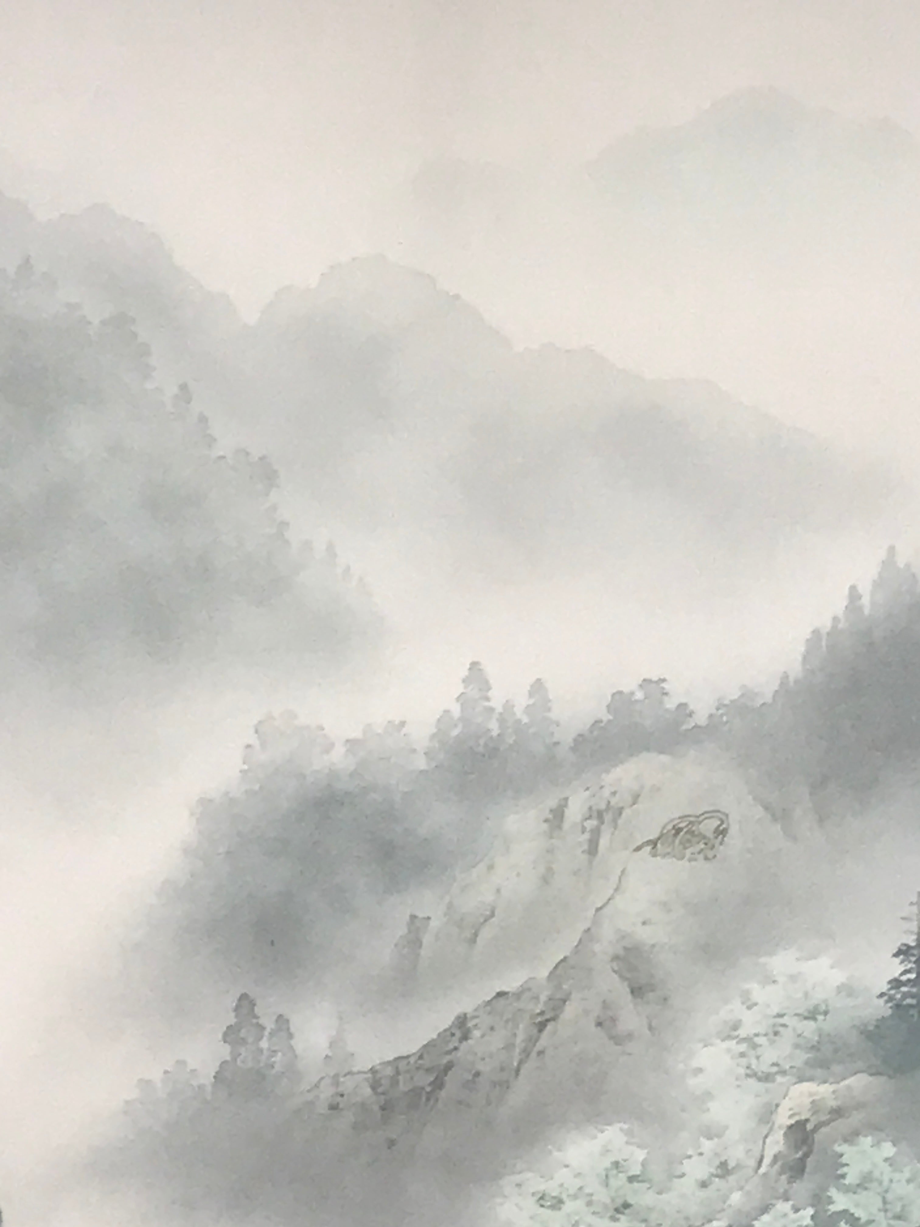 Japanese Hanging Scroll Kakejiku Vtg Sansui Landscape Trees Mountain River KJ218-AD - Scroll-chidorivintage.com