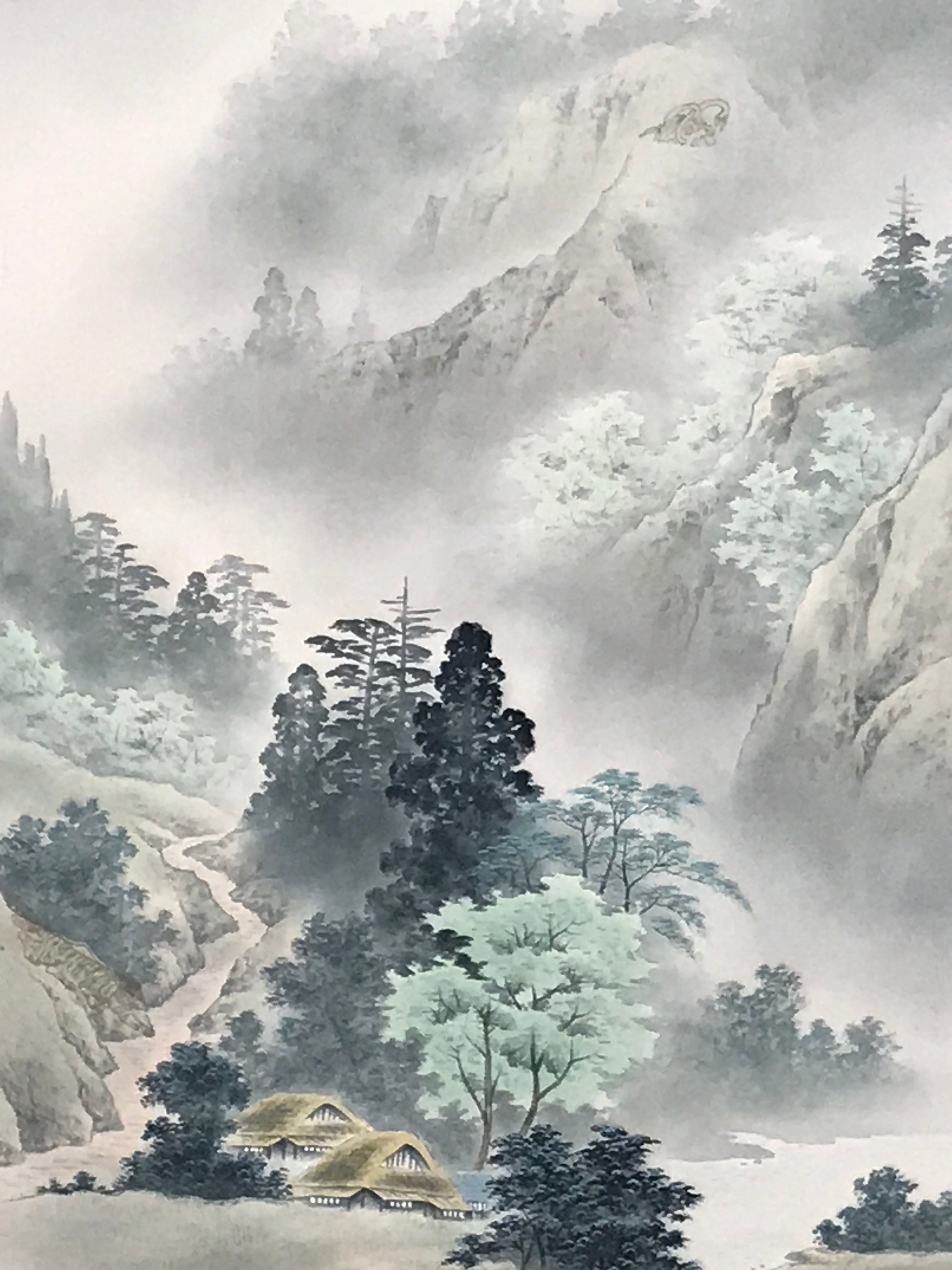 Japanese Hanging Scroll Kakejiku Vtg Sansui Landscape Trees Mountain River KJ218-AD - Scroll-chidorivintage.com