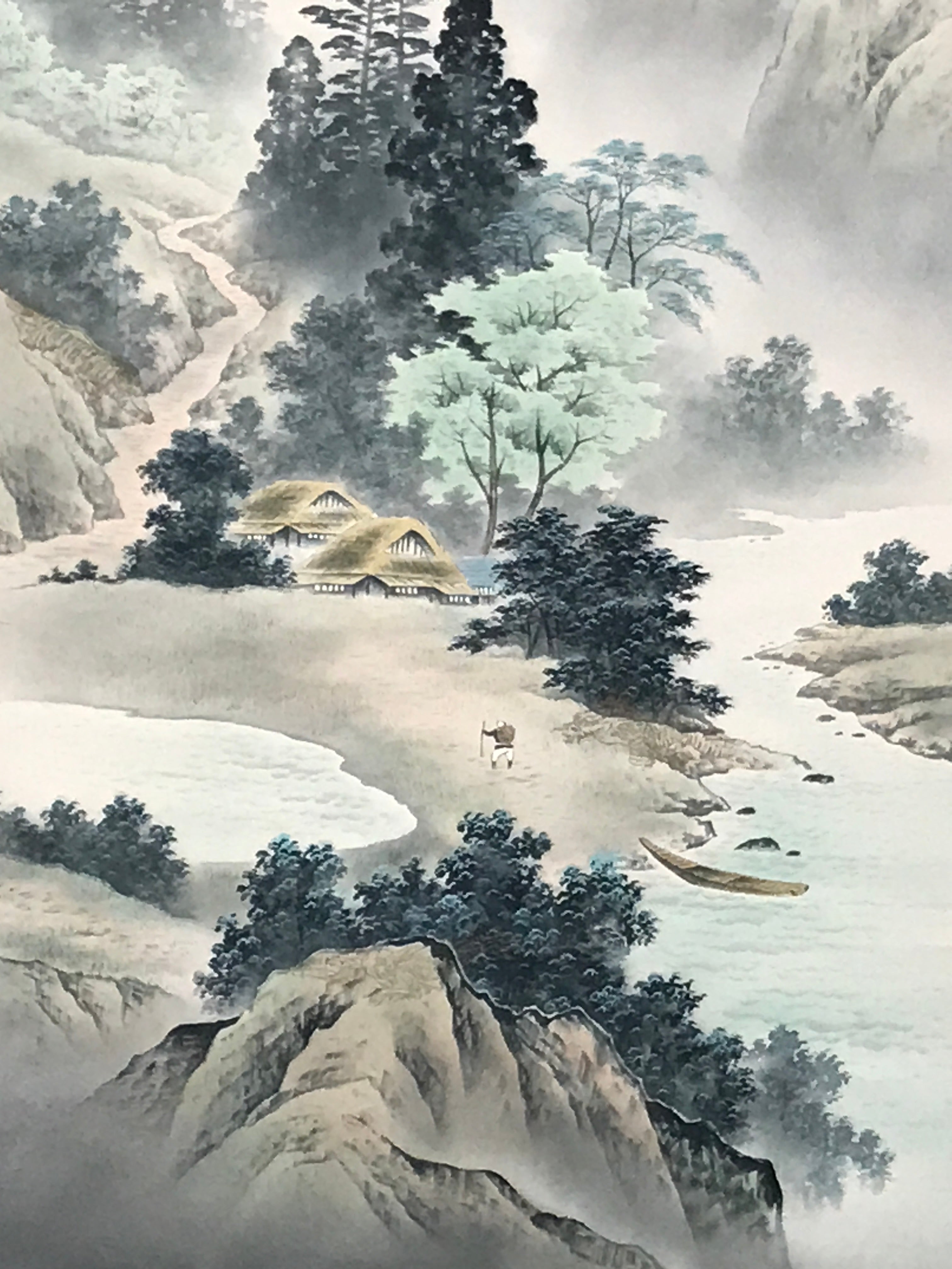 Japanese Hanging Scroll Kakejiku Vtg Sansui Landscape Trees Mountain River KJ218-AD - Scroll-chidorivintage.com