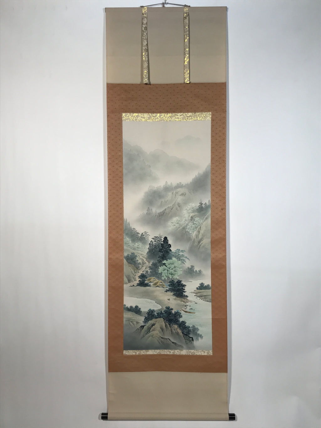 Japanese Hanging Scroll Kakejiku Vtg Sansui Landscape Trees Mountain River KJ218-AD - Scroll-chidorivintage.com