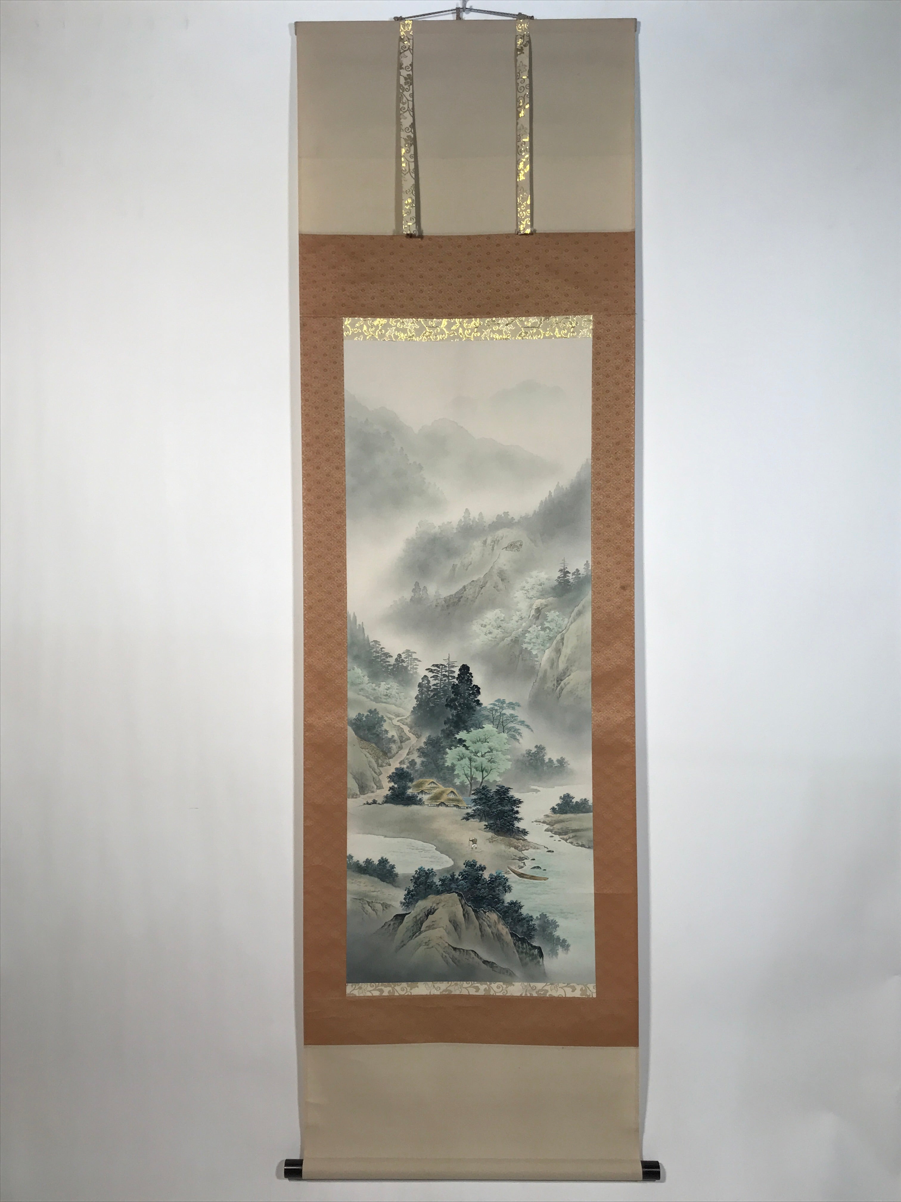 Japanese Hanging Scroll Kakejiku Vtg Sansui Landscape Trees Mountain River KJ218-AD - Scroll-chidorivintage.com