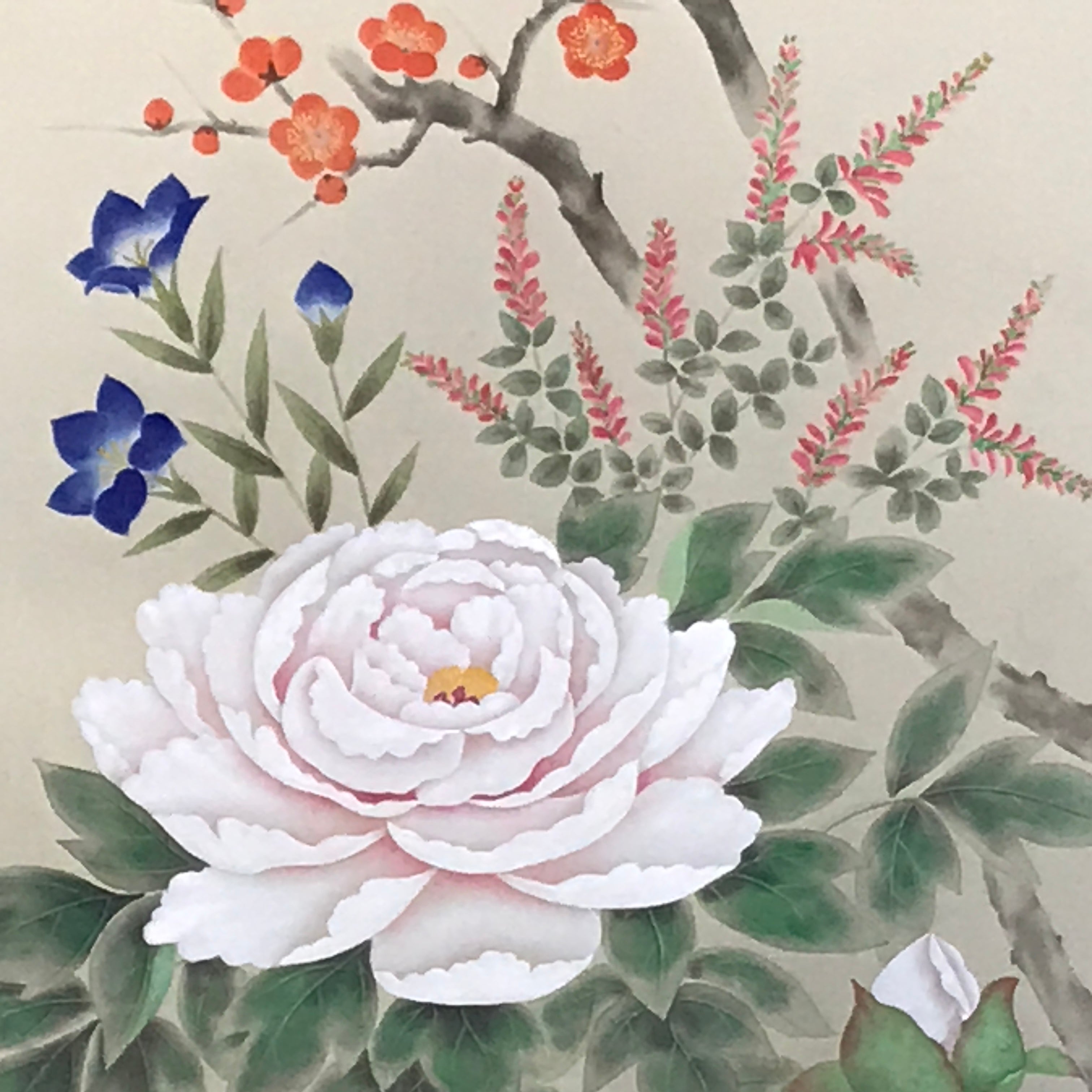 Japanese Hanging Scroll Kakejiku Vtg Sparrows Peony Chrysanthemum Flowers KJ219-AD - Scroll-chidorivintage.com