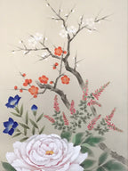 Japanese Hanging Scroll Kakejiku Vtg Sparrows Peony Chrysanthemum Flowers KJ219-AD - Scroll-chidorivintage.com