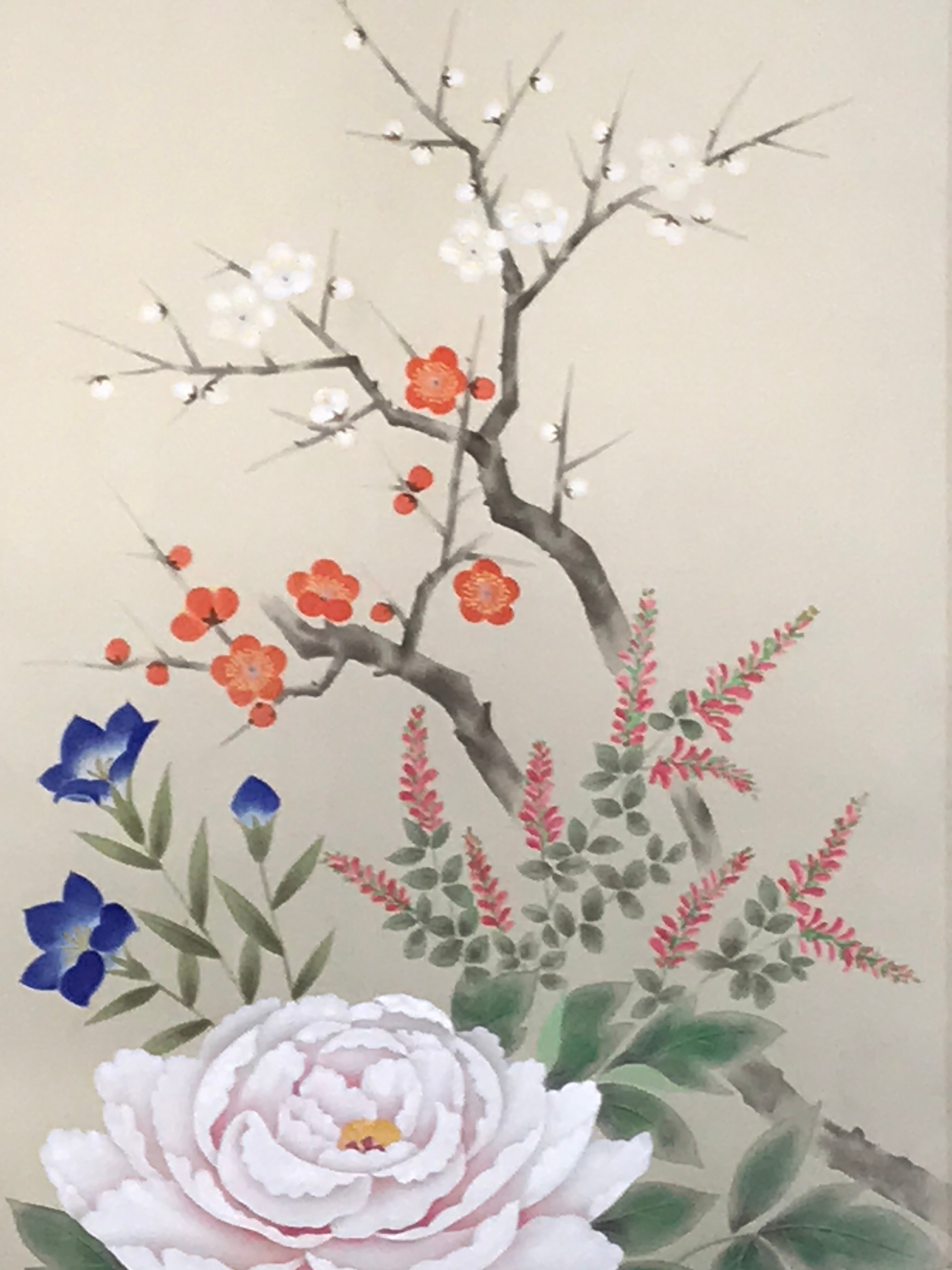 Japanese Hanging Scroll Kakejiku Vtg Sparrows Peony Chrysanthemum Flowers KJ219-AD - Scroll-chidorivintage.com