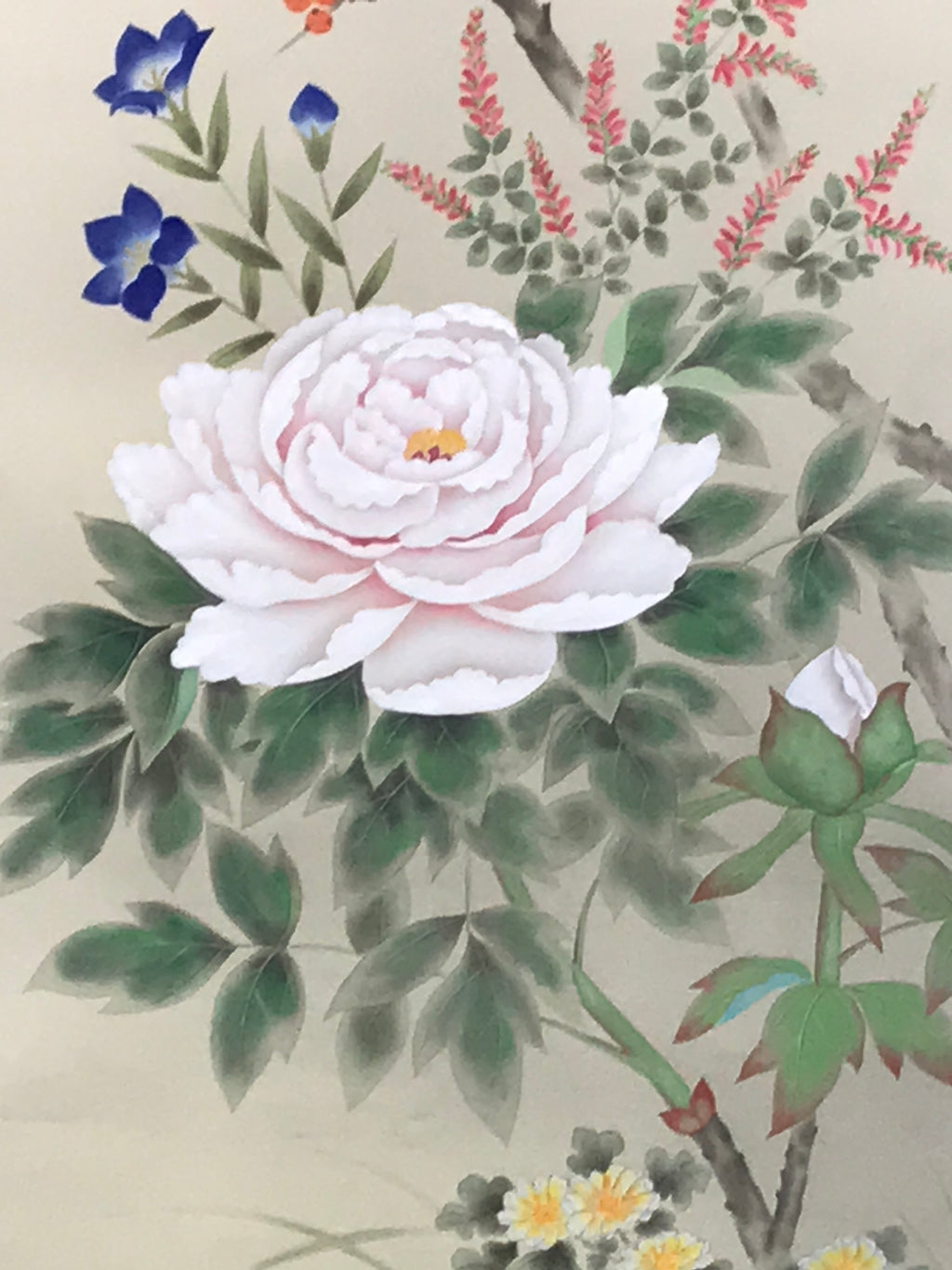 Japanese Hanging Scroll Kakejiku Vtg Sparrows Peony Chrysanthemum Flowers KJ219-AD - Scroll-chidorivintage.com
